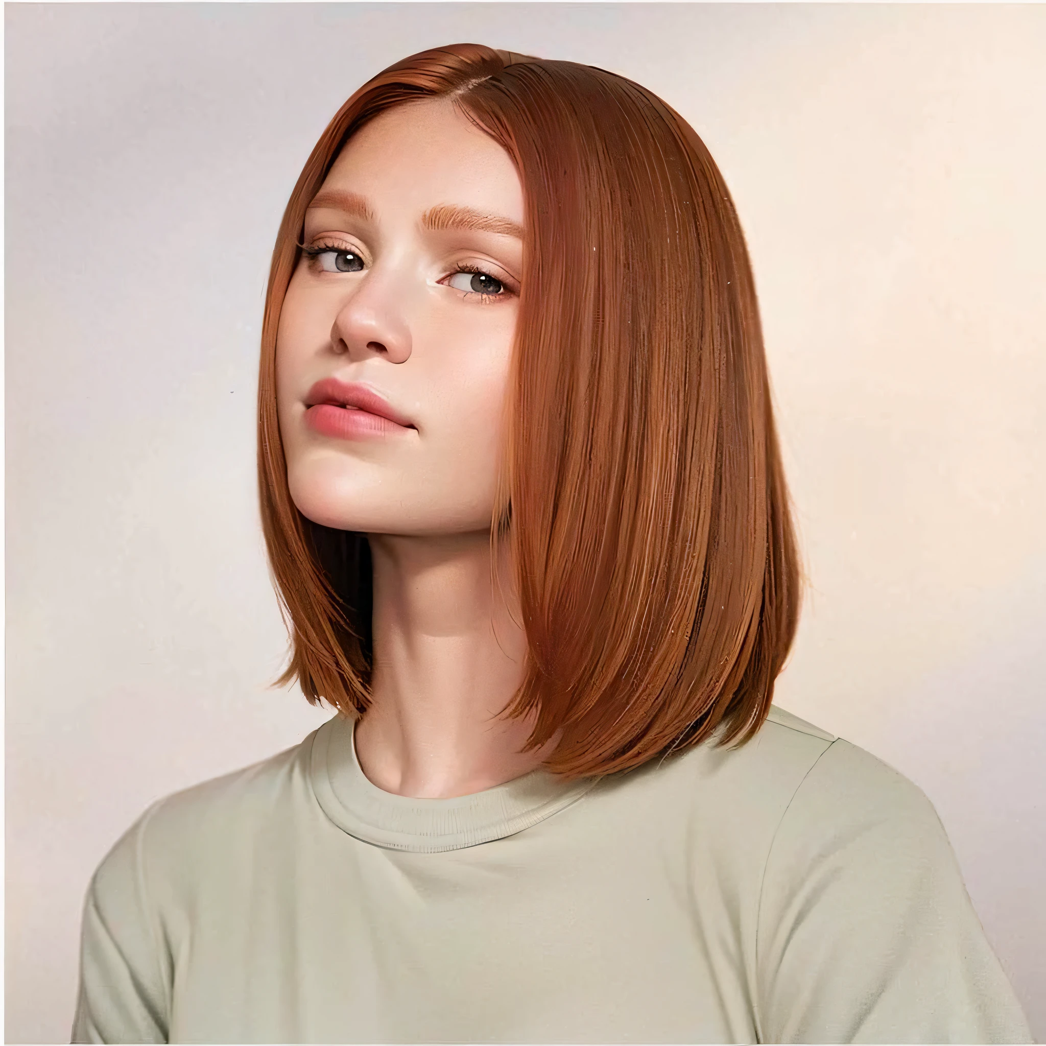 a close up of a woman with a short red hair, chin-length hair, red hair and attractive features, straight hairstyle, hair dyed to a hazelnut brown, long bob cut, chestnut hair, bob cut, copper short hair, short copper hair, copper hair, soft red hair, bob cut hair, head and shoulders photography, medium long bob