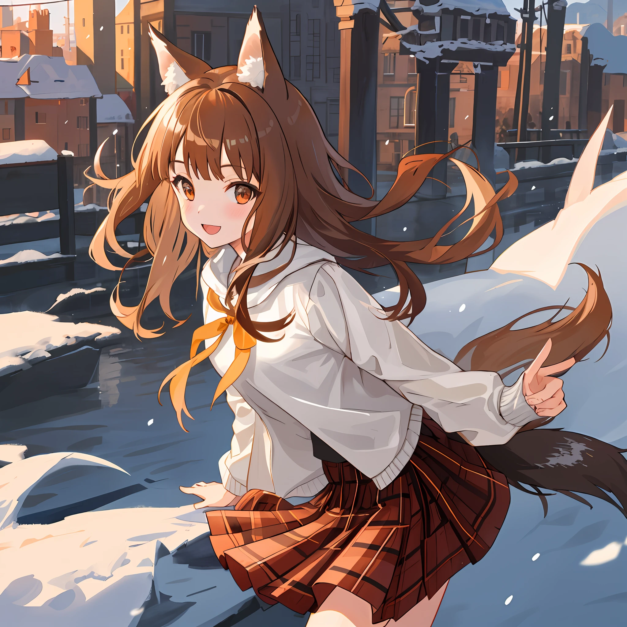 1 girl, portrait, animal_ears, bangs, brown_hair, floating_hair, holo, jacket, long_hair, outdoors, plaid, pleated_skirt, red_skirt, skirt, smile, snow, solo, (tail), wolf_ears, wolf_girl, wolf_tail, (in medieval cities)),