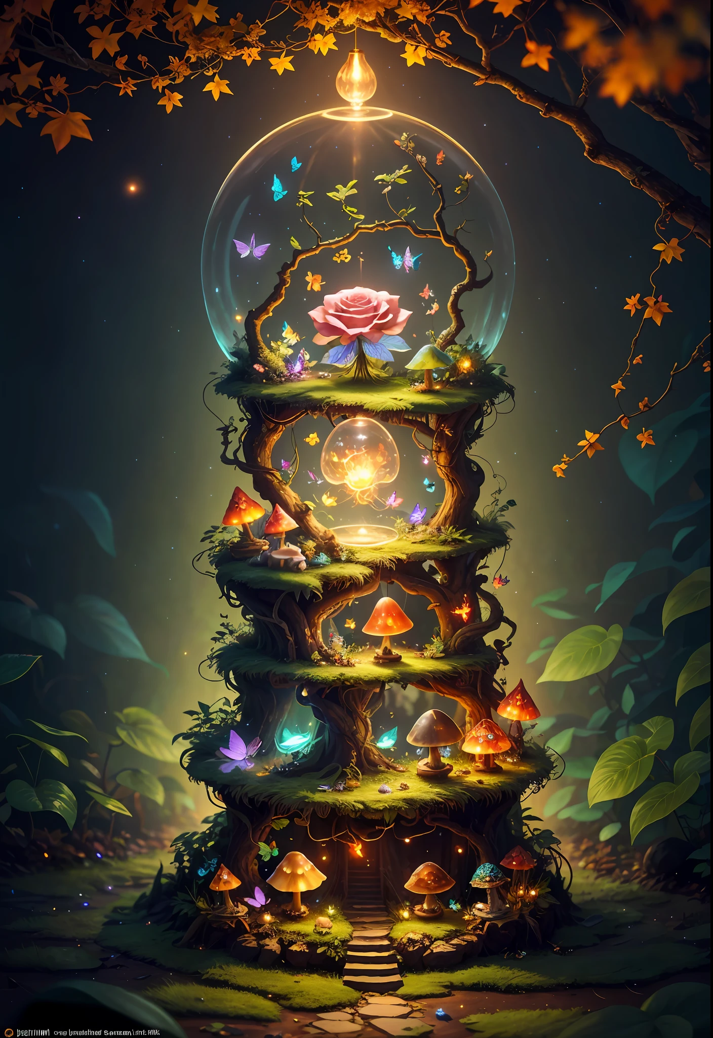 Fantasy in a glass, "ethereal roses, cute animals, glowing little mushrooms surrounded by delicate leaves and branches, and fireflies and glowing particle effects", (natural elements), (jungle theme), (leaves), (branches), (fireflies), butterflies, (delicate leaves), (glow), (particle effects), super realistic, super detailed, dramatic lightning, 4k, masterpiece,