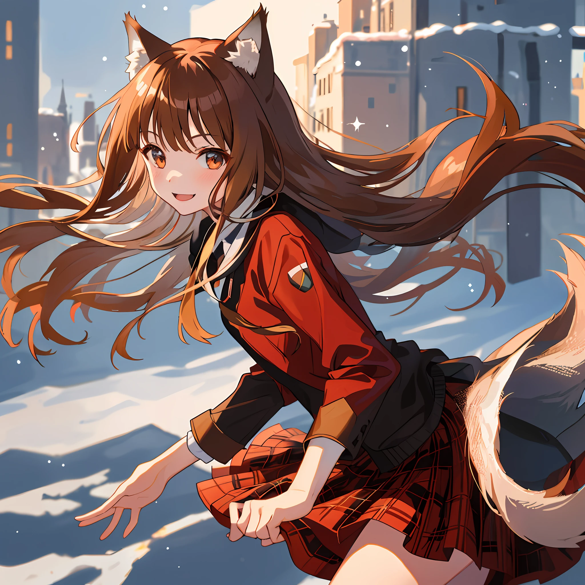 1 girl, portrait, animal_ears, bangs, brown_hair, floating_hair, holo, jacket, long_hair, outdoors, plaid, pleated_skirt, red_skirt, skirt, smile, snow, solo, (tail), wolf_ears, wolf_girl, wolf_tail, (in medieval cities)),