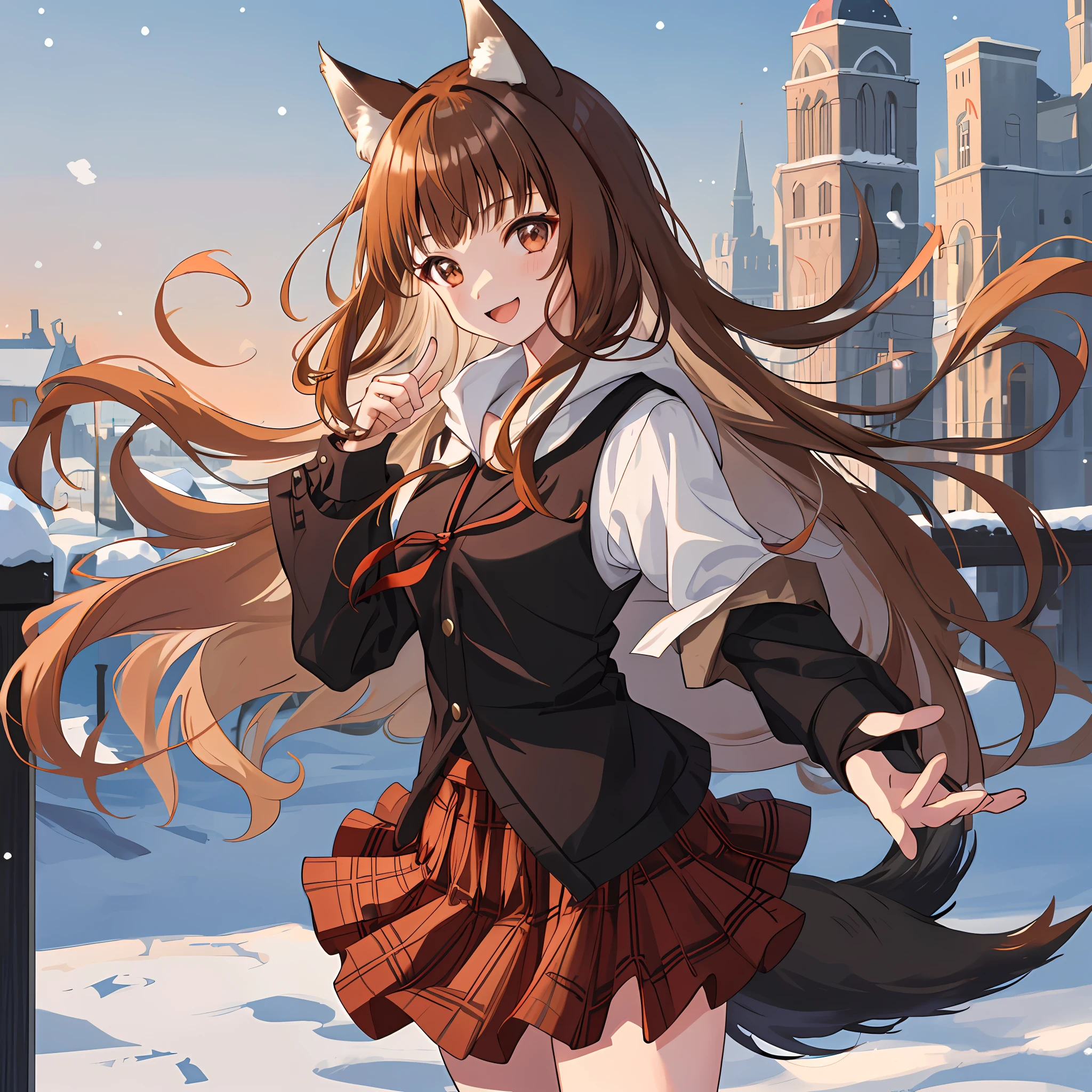1 girl, portrait, animal_ears, bangs, brown_hair, floating_hair, holo, jacket, long_hair, outdoors, plaid, pleated_skirt, red_skirt, skirt, smile, snow, solo, (tail), wolf_ears, wolf_girl, wolf_tail, (in medieval cities)),