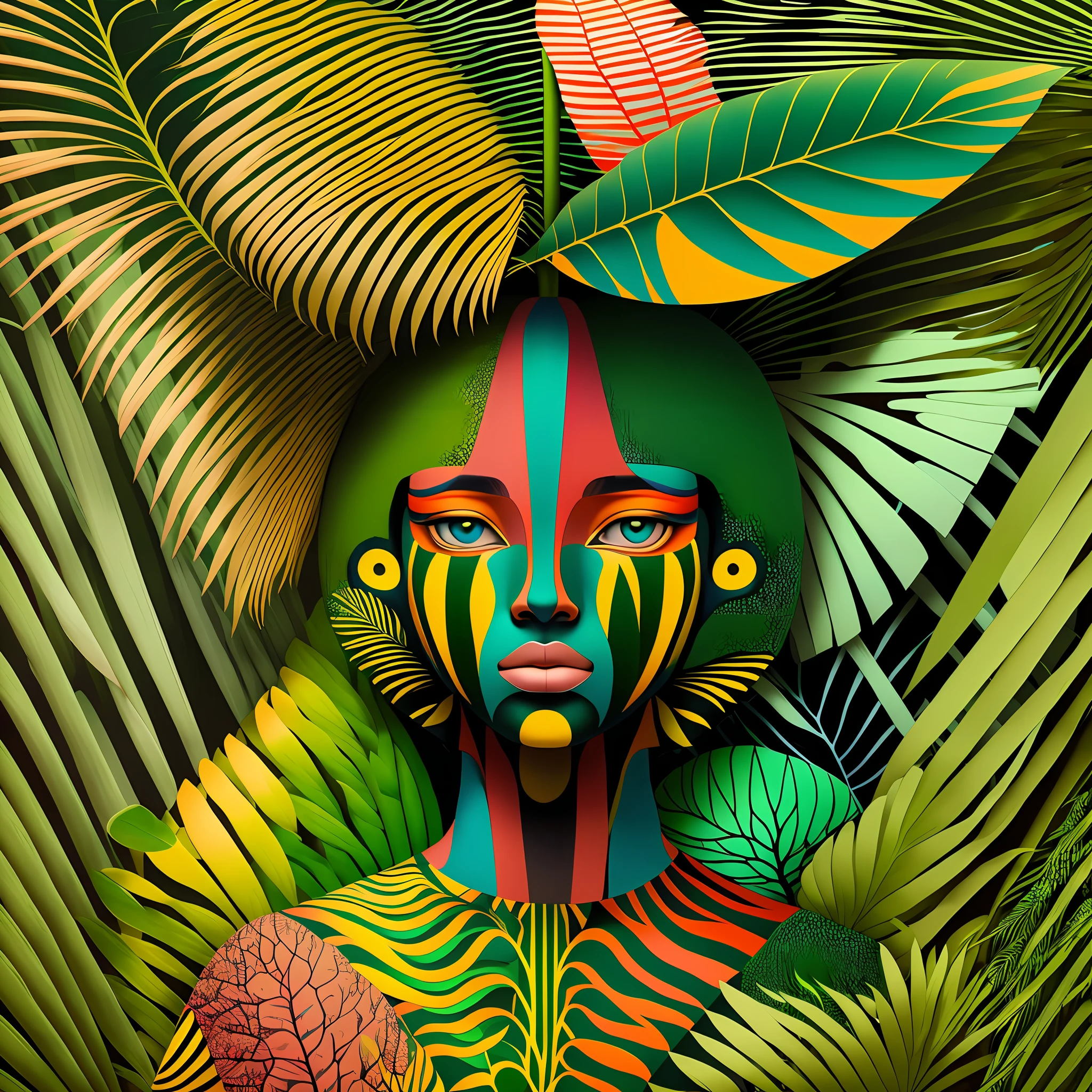 Minimalist, 2d, art installation art brock moore in the jungles of Africa, in the style of casey weldon, natalie shau, giuseppe arcimboldo, hard edge painter, psychedelic color palette, tender representation of nature, unprepared canvas,