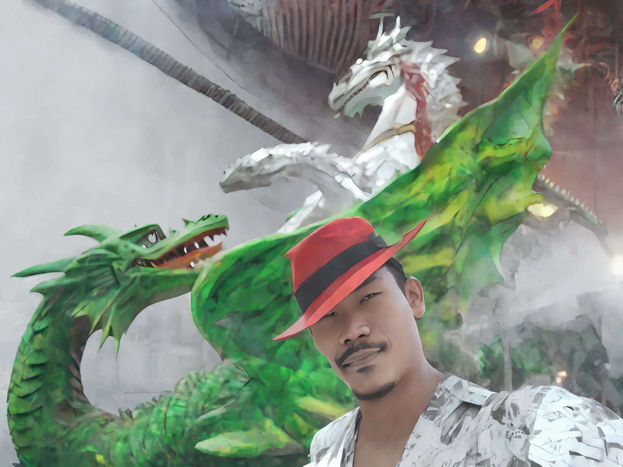 there is a man that is standing next to a dragon, dragon in the background, with robot dragon head, very very low quality picture, a dragon with a hat, dragon flying in the background, colossal dragon in background, with magical creatures, as an anthropomorphic dragon, inspired by Abidin Dino, man with the soul of a dragon