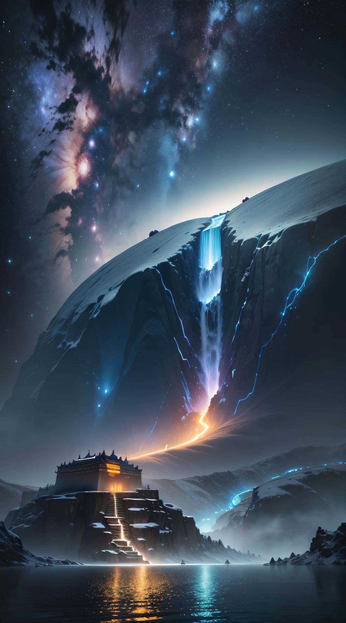 This is surreal and sophisticated CG rendering. At night, the light blue sky is covered with the great waterfall on the golden river, Tron style majestic Great Wall of China,luminous path, Milky Way, starlight, art, HD, starry sky, many small and colorful luminous particles, composed of the Milky way, the north pole, tundra and iceberg, fantasy, high detail, beauty, 8K, octane lamp and shadow, complex detail, ultra wide angle, panoramic shooting, 8K. High definition. Landscape photography by Marc ADAMUS, real photo volume light, 8Kv volume light HD, --ar 9:16 --auto --s2