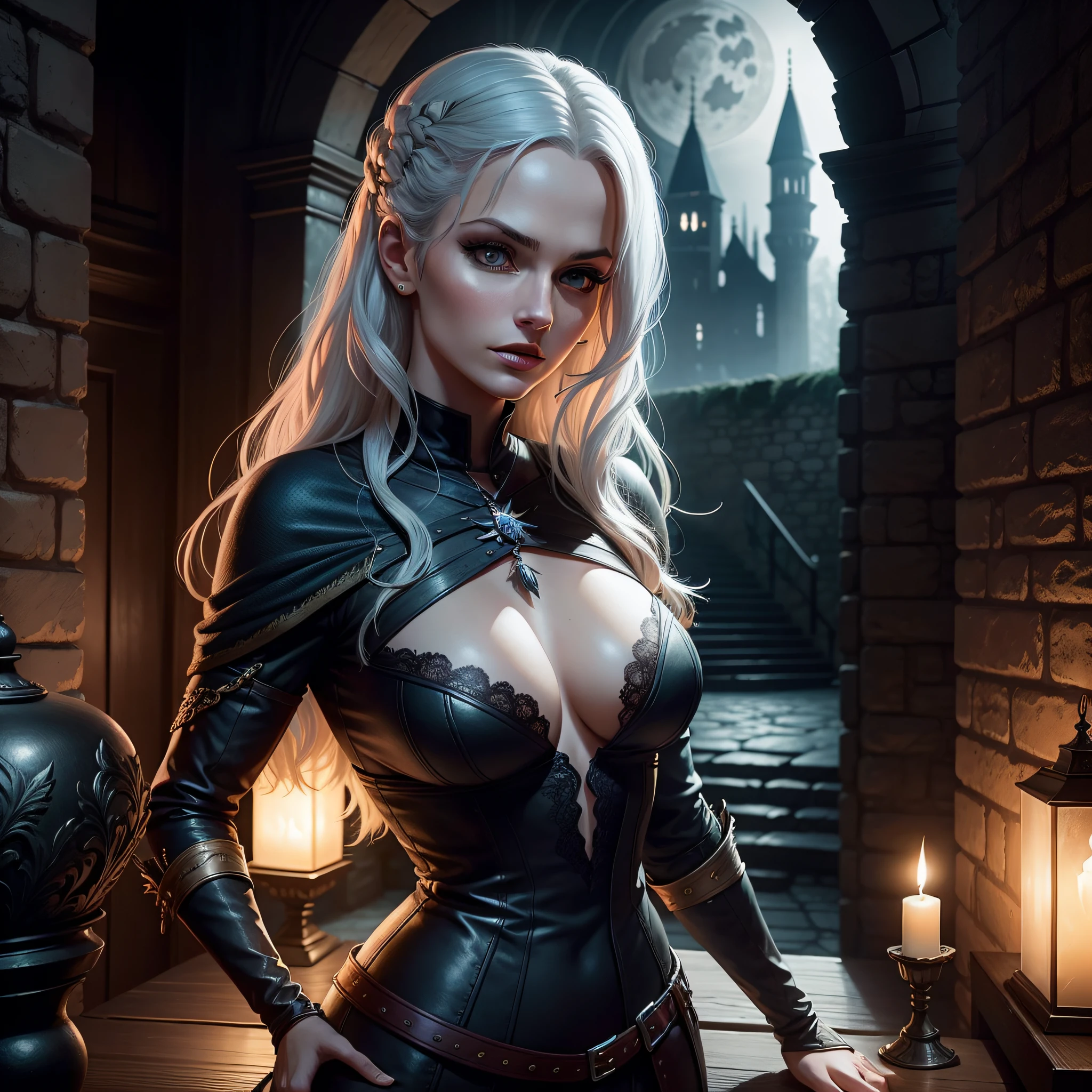 A sensual woman, series style The Witcher, in a medieval castle, moonlight,