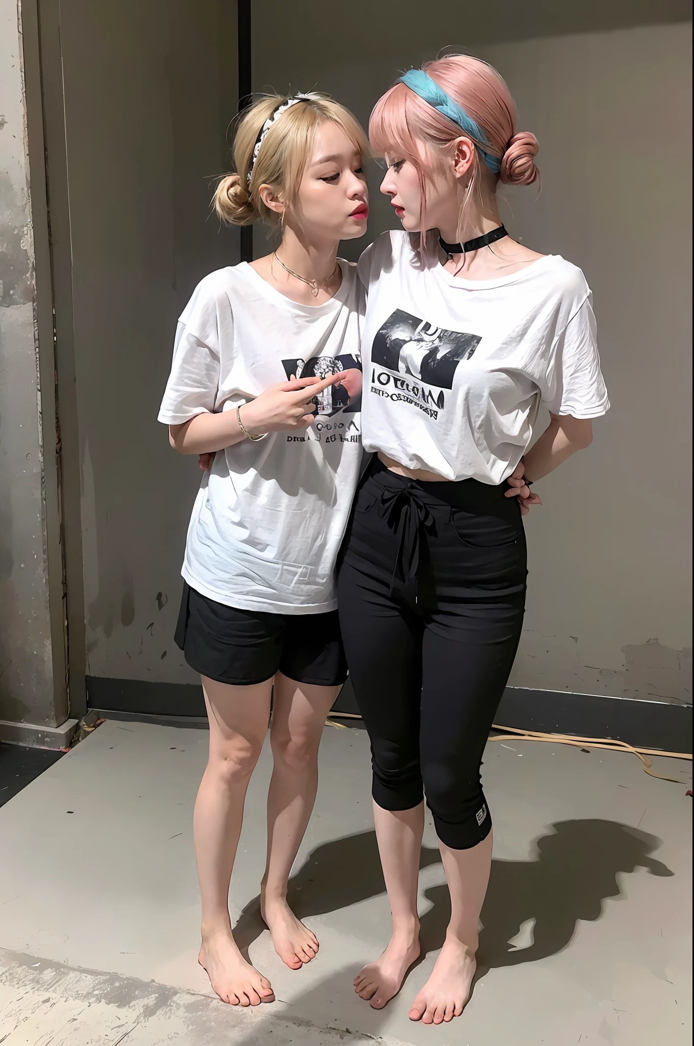 (8k:1.27), best quality, masterpiece, ultra highres:1.2), two kidnapped lesbian goth girls with arm tattoos kissing each other, tattooed girls, full body picture, old white rock band oversized knotted t-shirt, big t-shirt, short big sleeves, black short sport pants tied with a rope, wearing dirty old goth clothes, dyed yellow blonde hair, short blonde bob hairstyle shoulder length, blonde hair bangs, dyed bright red hair with red messy bun, one girl kneeling and one girl standing in a dirty room, handcuffed, one girl with hands tied with rope behind body, submissive neck choker and leash in neck, 4k or 8k picture, looking at the floor down very sad, very sad face, paisley bandana ribbon hairband, smelly, barefoot, rope hanging from ceiling, one girl dominating the other one by pulling her to a wall