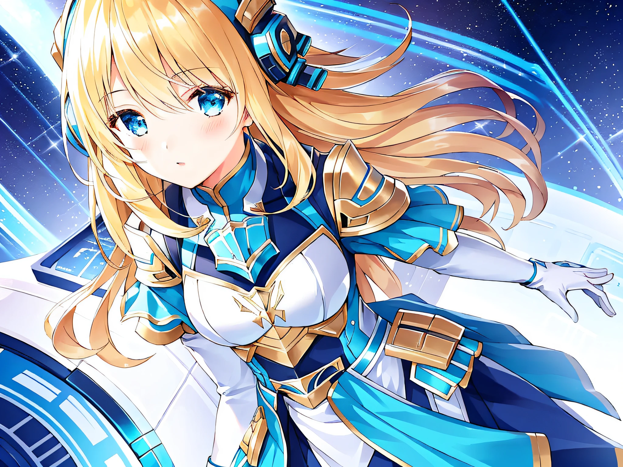 a girl, 1girl, extremely cute, blonde, extremely detailed, close-up, 3/4, space backgroung, planet, futuristic, sci-fi