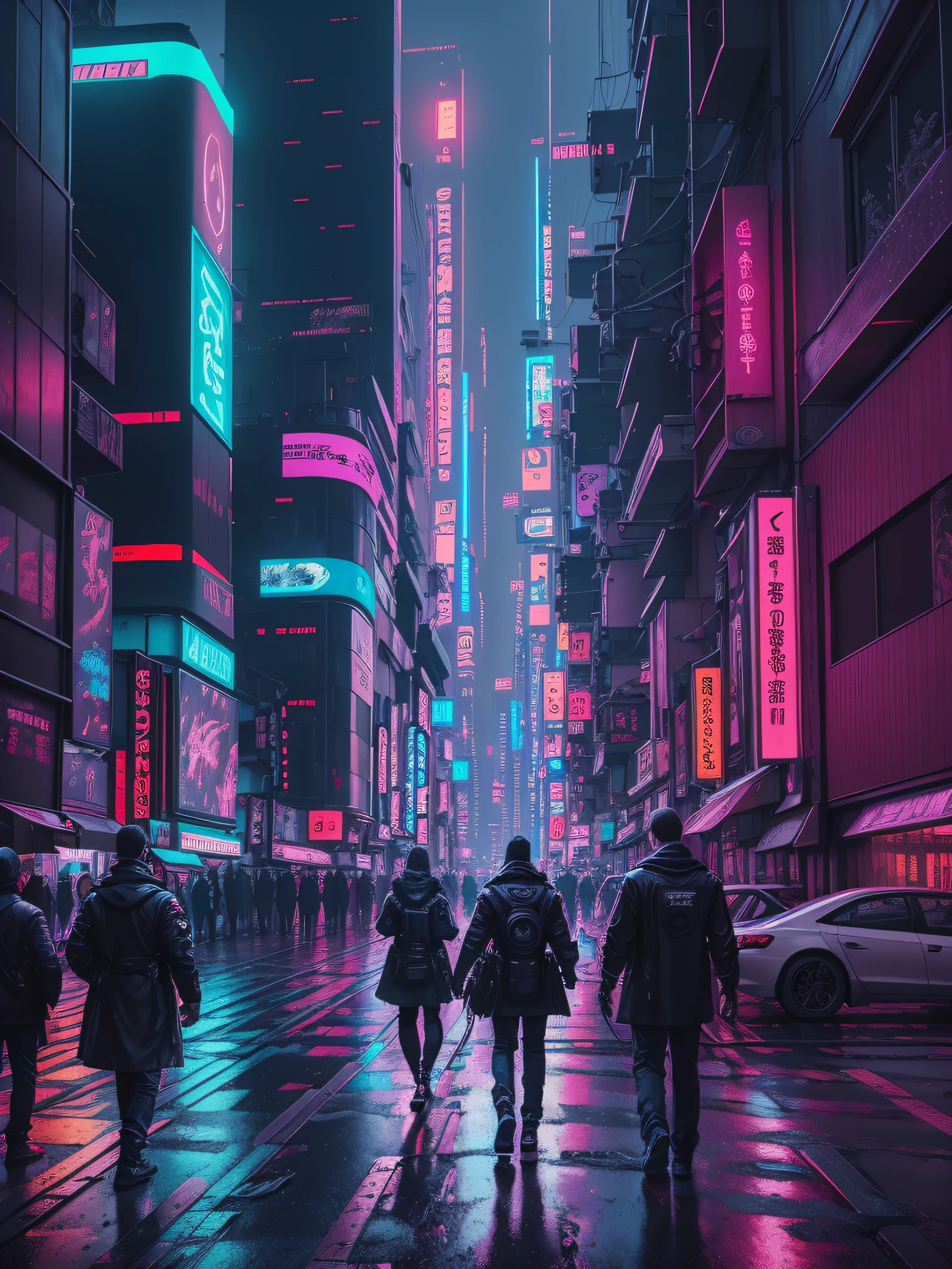 Capture the mesmerizing essence of a cyberpunk-infused Tokyo street at night, pulsating with neon lights and futuristic energy. The scene unfolds in raw, high-definition glory, allowing every intricate detail to shine through. The hyper-realistic 8K image immerses viewers in a world where gleaming skyscrapers reflect off rain-soaked streets, augmented reality billboards illuminate the surroundings, and bustling crowds move with purpose amidst a symphony of sounds. Employ your camera expertise to enhance the ambience, utilizing long-exposure techniques to capture the mesmerizing light trails of passing vehicles. Let the image exude an otherworldly atmosphere, where the boundaries between reality and virtuality blur, and the spirit of cyberpunk comes alive. --auto --s2