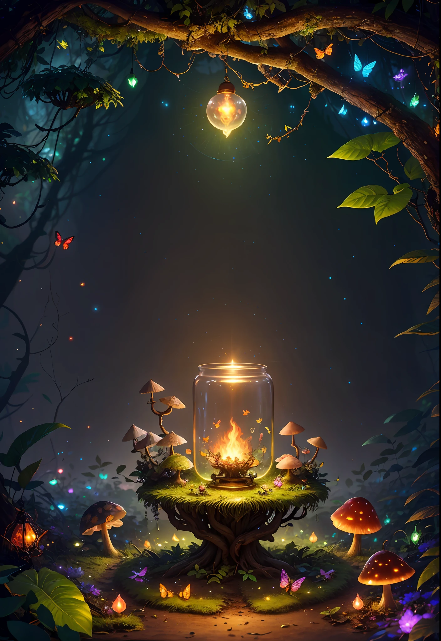 Fantasy in a glass, "ethereal roses, cute animals, glowing little mushrooms surrounded by delicate leaves and branches, and fireflies and glowing particle effects", (natural elements), (jungle theme), (leaves), (branches), (fireflies), butterflies, (delicate leaves), (glow), (particle effects), super realistic, super detailed, dramatic lightning, 4k, masterpiece,