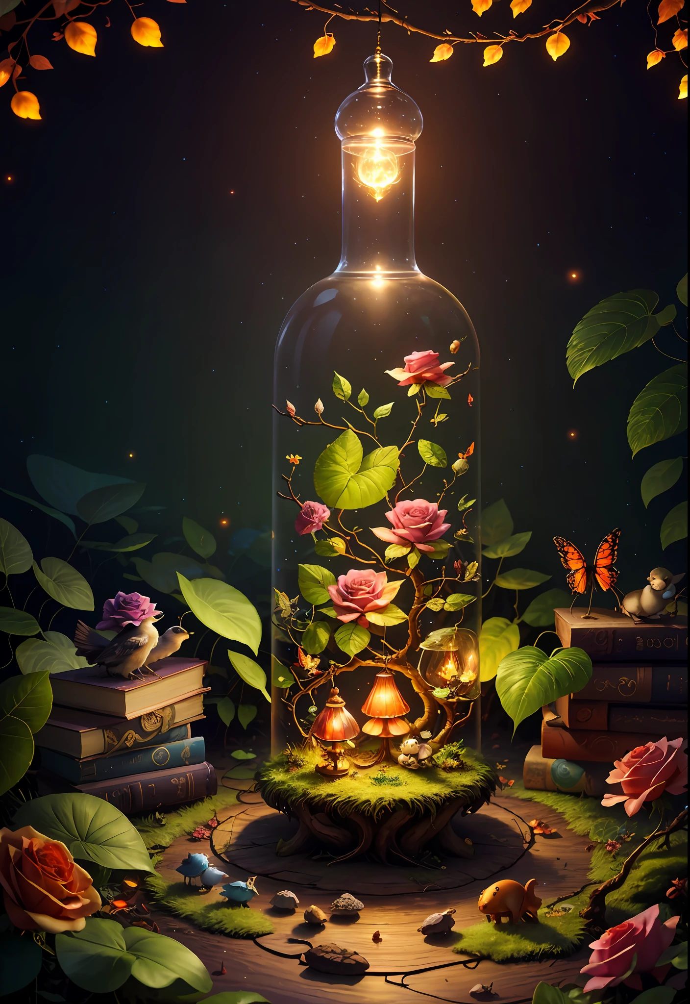 Fantasy in a glass, "ethereal roses, cute animals, glowing little mushrooms surrounded by delicate leaves and branches, and fireflies and glowing particle effects", (natural elements), (jungle theme), (leaves), (branches), (fireflies), butterflies, (delicate leaves), (glow), (particle effects), super realistic, super detailed, dramatic lightning, 4k, masterpiece,