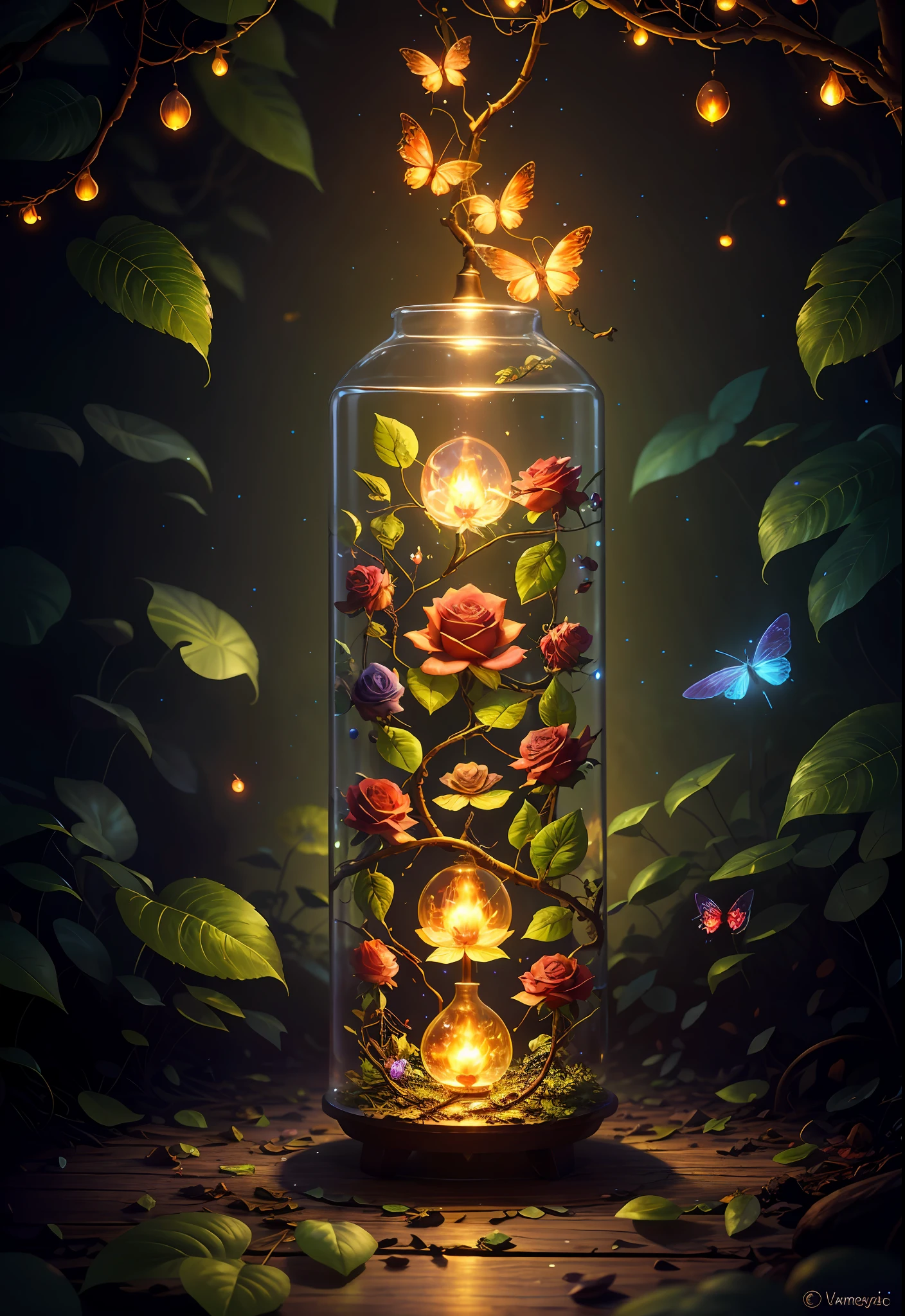 Fantasy in a glass, "ethereal roses, cute animals, glowing little mushrooms surrounded by delicate leaves and branches, and fireflies and glowing particle effects", (natural elements), (jungle theme), (leaves), (branches), (fireflies), butterflies, (delicate leaves), (glow), (particle effects), super realistic, super detailed, dramatic lightning, 4k, masterpiece,