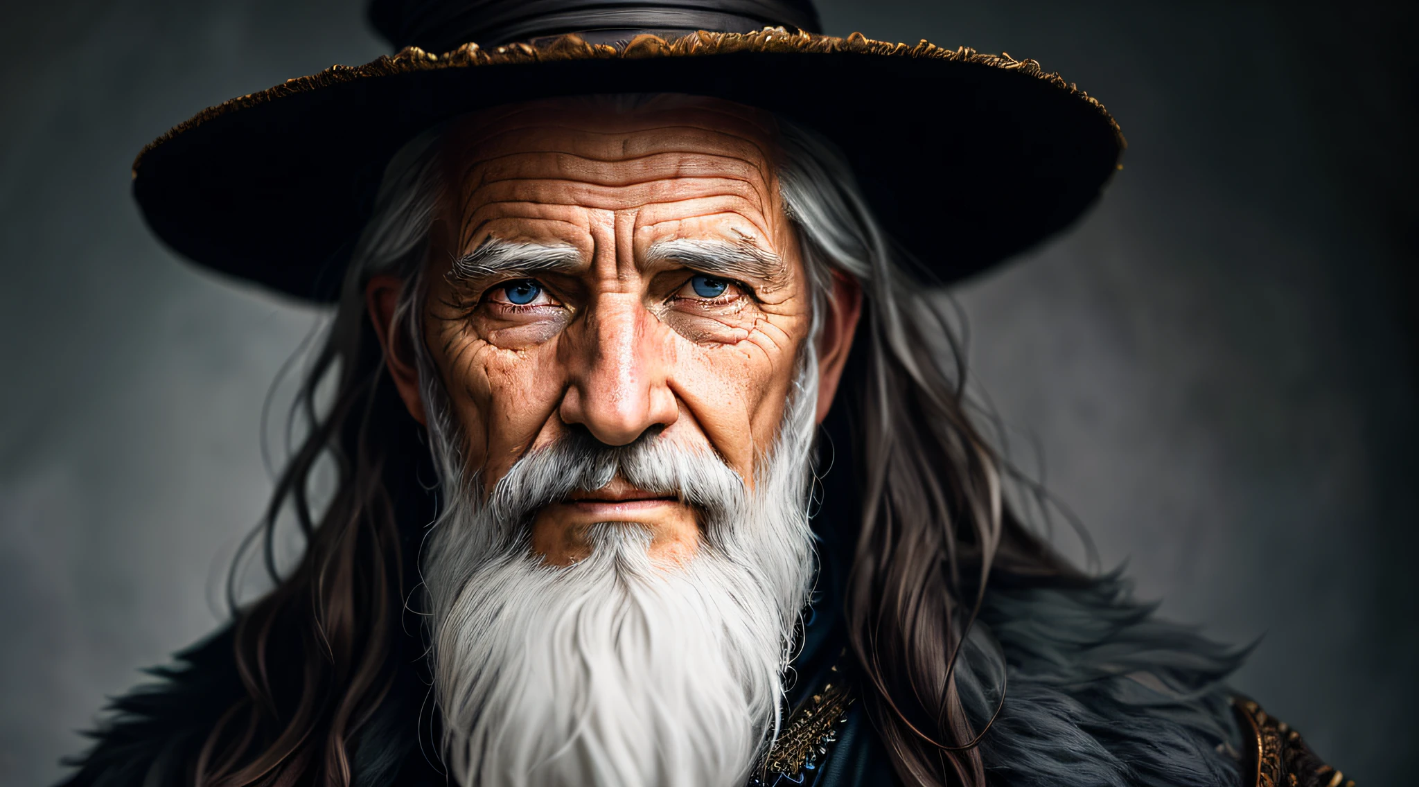 A portrait of a wizard, bearded, wrinkled, weathered, with piercing eyes, detailed face, high details, photography, dark studio, rim light, Nikon D850, 50mm, f/1.4