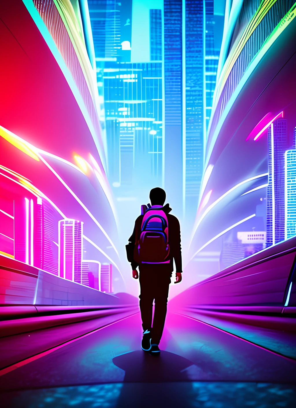 Traveler with backpack, in a futuristic city background, passing by a bridge with Neon