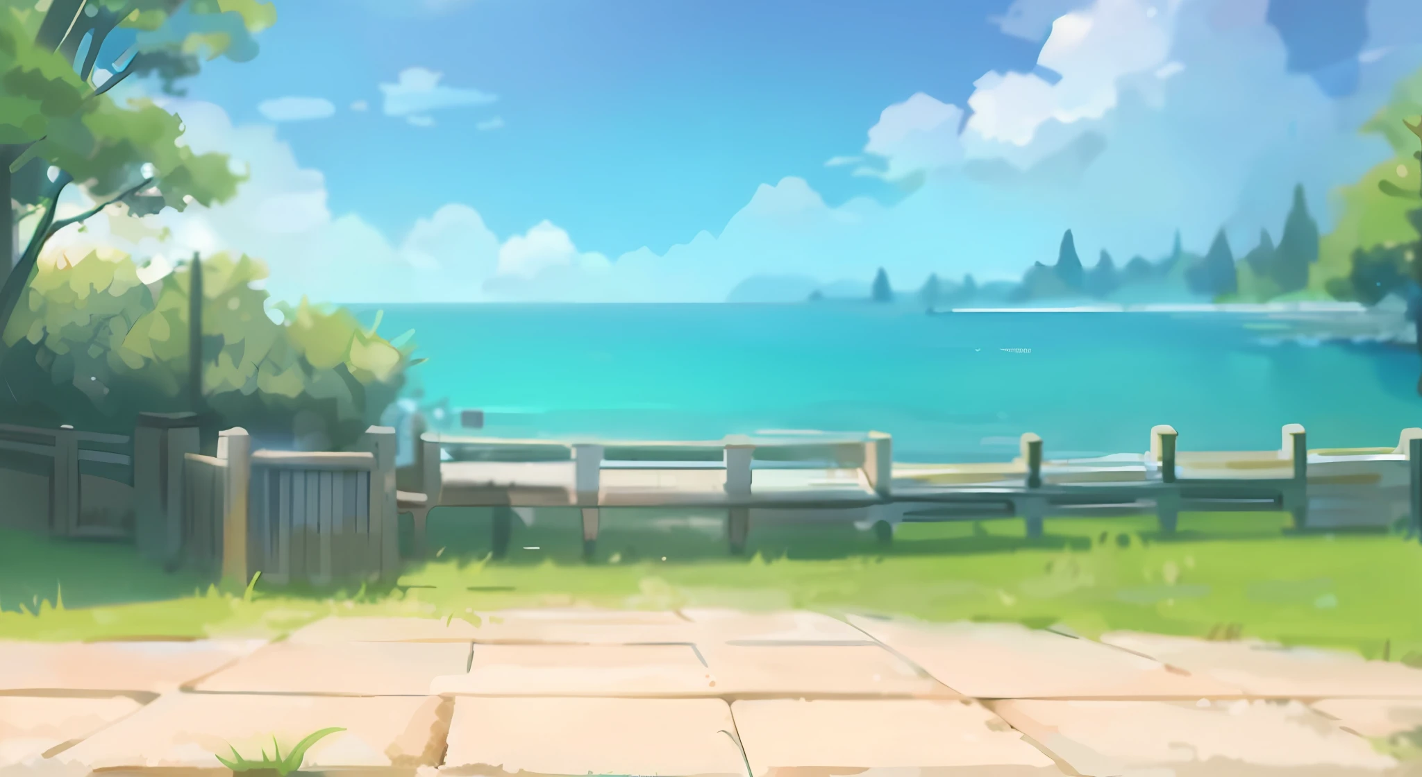 there is a painting of a bench in a park by the water, seaside backgroud, anime background, anime scenery, anime background art, anime landscape, breezy background, style of makoto shinkai, painted in anime painter studio, island background, scenic background, beautiful anime scenery, makoto shinkai art style, anime scenery concept art, port scene background