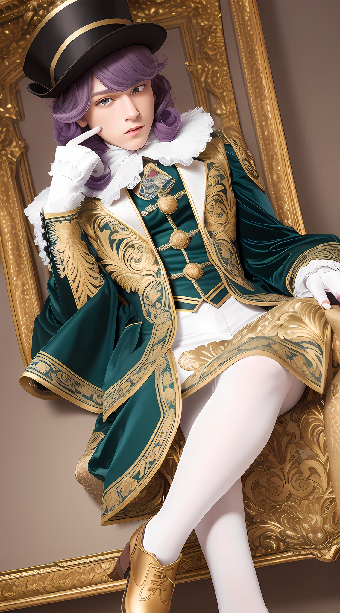 Blindt is an average height boy with blue eyes and long lashes, and violet hair styled into five conical ringlets. His attire is a late-Baroque style clothing, consisting of a moss-colored frock coat with pearl embroidery, a white cravat with a red brooch, a bright green justacorps with gold sleeve borders and frame, a coordinating green top hat, brown breeches, white stockings, white heeled shoes with golden buckles, and white gloves.