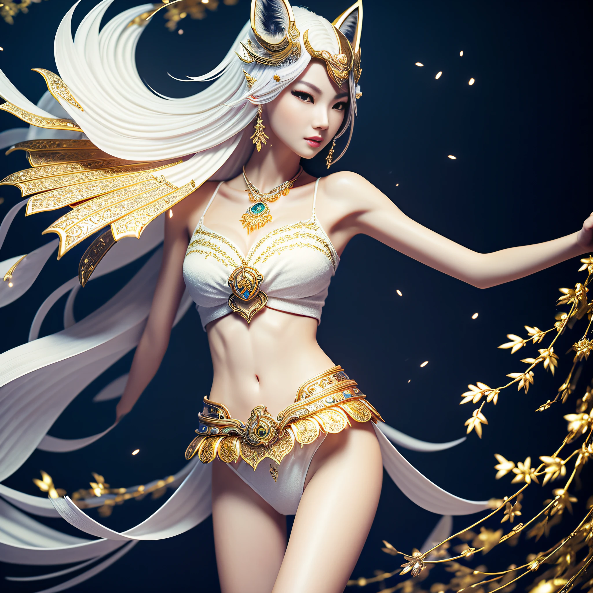 Korean, masterpiece, best quality, high quality, extremely detailed CG unity 8k wallpaper, (realistic, Photo real: 1.3), (RAW photo: 1.2), Woman body set medium breasts, exposed breasts, full and natural breasts, crisp breasts, tender white complexion, straight buttocks, (transparent tong), surreal, 8K, original photo, film grain, super high resolution, super detail, tall, very clear face, slender long legs, a pair of snow-white slender beautiful legs, like ivory carved jade legs, perfect proportion and length, stunning face, melon seed face, qiong nose cherry lips, eyebrows picturesque, amorous, charming, slender and slender waist, close-up of a woman in gold and white clothing, super detailed rendering, 3 D rendering character art 8 K, complex white and gold armor, full samurai armor fox, high detail iconic character, 8K rendering, octane rendering, octane rendering, super detail octane rendering, super detailed octane rendering, super detailed 3 d rendering, futuristic style fox demon --auto --s2