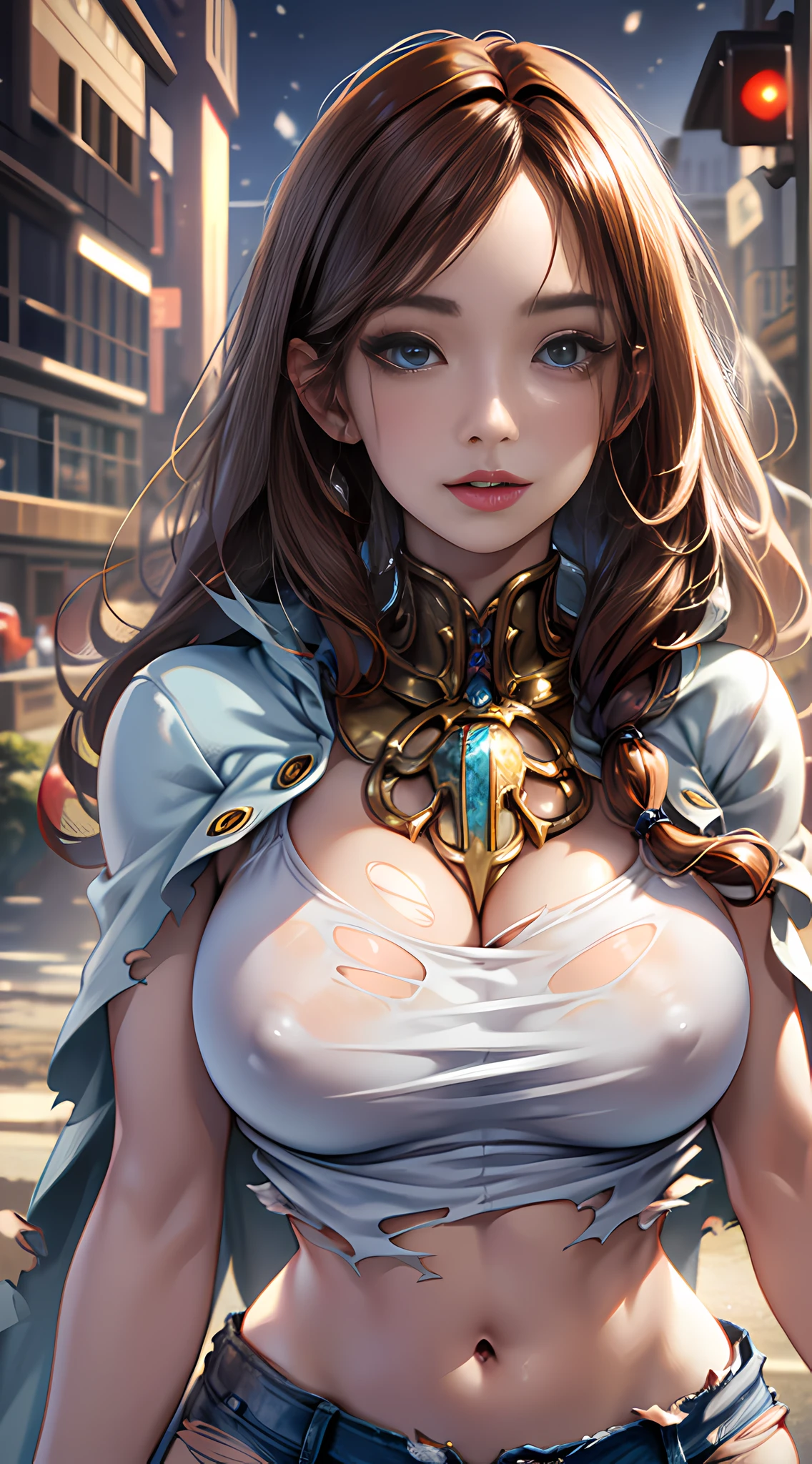 daughter (masterpiece:1.4), (8k, realistic, raw photos, best quality: 1.4), japanese, (1 girl), beautiful face, (realistic face:1.4), (caramel hair, long hair:1.3), beautiful hairstyle, realistic blue eyes, beautiful detailed eyes, (realistic skin:1.3), beautiful skin, attractive, super high resolution, super realistic, highly detailed, golden ratio, (detailed face: 1.4), looking at the audience, white shirt, medium breasts, standing, Hands on chest, Clear shirt, (torn clothes:1.5), (no bra:1.4), perky_nipples, short jeans, shorts, city street, cute smile, red lips, (golden ratio fingers: 1.5), (illustration background, CGI, movie, futuristic, mountain, snow, thick thighs, robust, gothic, gold trim, cthulhu, octopus, official art, cape)