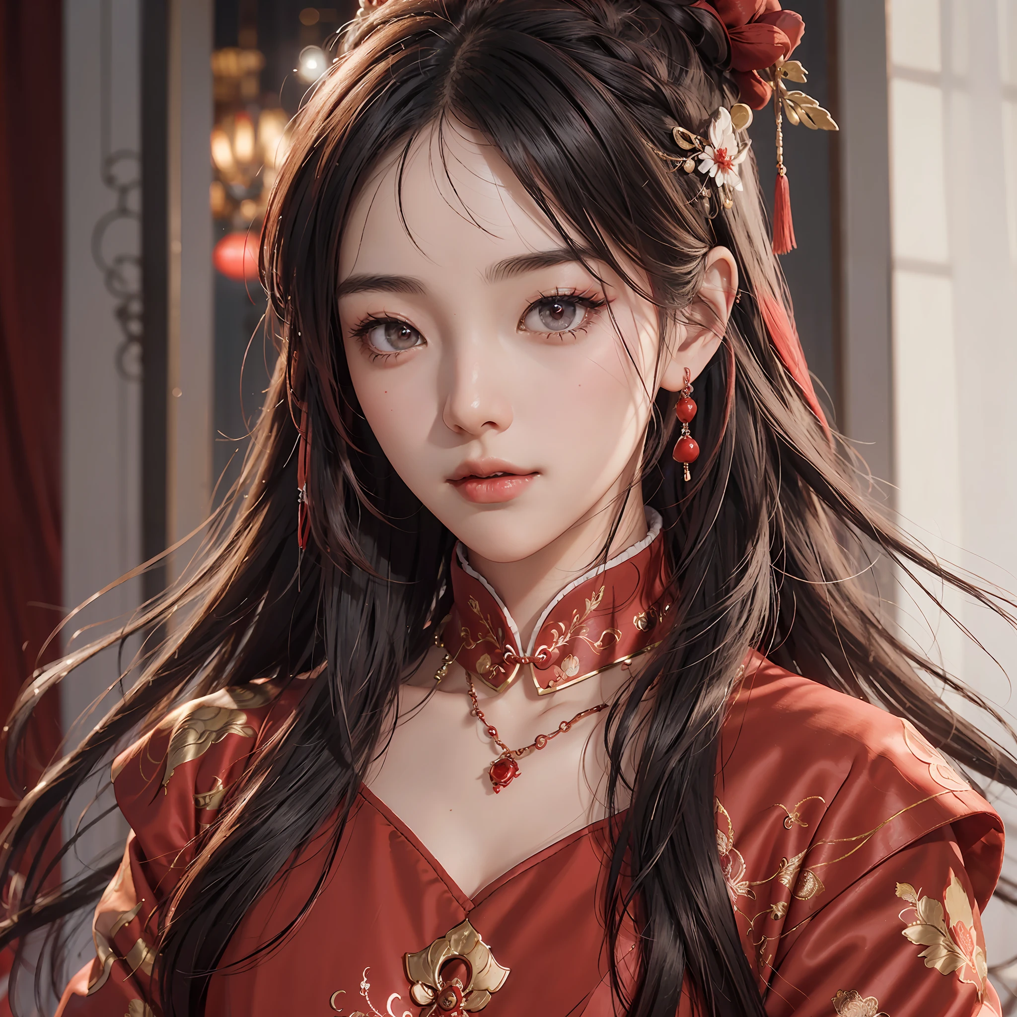 (A Chinese bride), (wearing a gorgeous Chinese red wedding dress), (Chinese style elements: 1.4), (shy, tender, beautiful face, fair skin, bright eyes, elegant eyebrows, happiness and expectation, rosy lip color, soft face), (red clothing: 1.4), (wearing delicate jewelry, rings, necklaces)), clothes embroidered with phoenix motifs, (embroidery), full body red robe, purity, romance, (body curves), pleated decoration, (cinematic quality), (Best quality: 1.2), (Realism: 1.4), (Indoor), Photoquality, ((Octane rendering)), Close-up, Photographic lighting, (Red theme: 1.4),