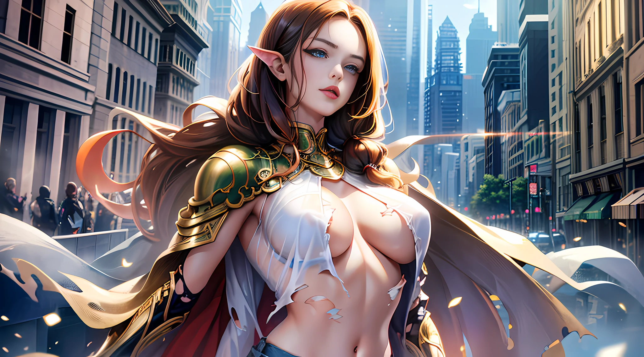 daughter (masterpiece:1.4), (8k, realistic, raw photos, best quality: 1.4), japanese, (1 girl), beautiful face, (realistic face:1.4), (caramel hair, long hair:1.3), beautiful hairstyle, realistic blue eyes, beautiful detailed eyes, (realistic skin:1.3), beautiful skin, attractive, super high resolution, super realistic, highly detailed, golden ratio, (detailed face: 1.4), looking at the audience, white shirt, medium breasts, standing, Hands on chest, Clear shirt, (torn clothes:1.5), (no bra:1.4), perky_nipples, short jeans, shorts, city street, cute smile, red lips, (golden ratio fingers: 1.5), (illustration background, CGI, movie, futuristic, mountain, snow, thick thighs, robust, gothic, gold trim, cthulhu, octopus, official art, cape)