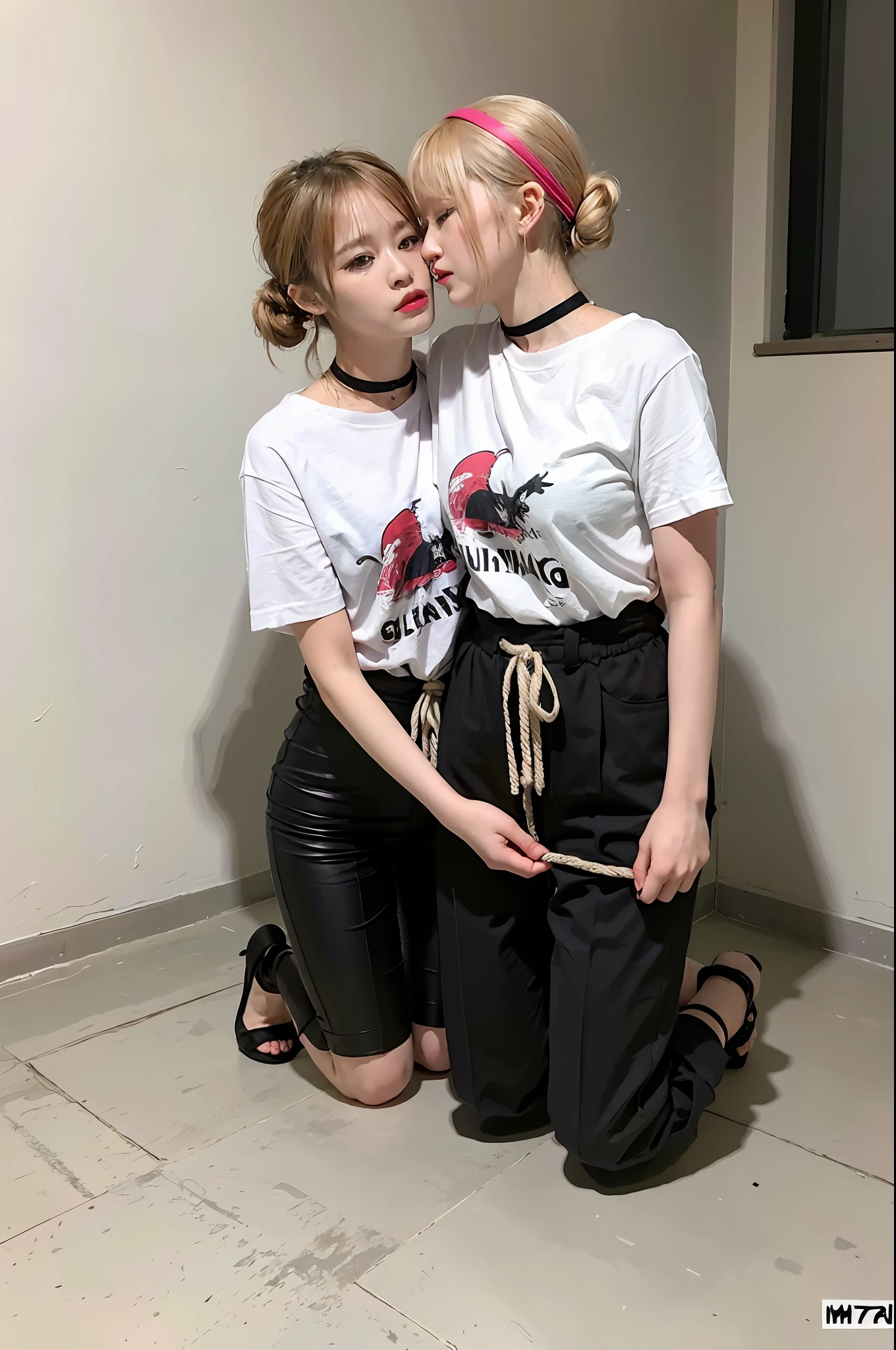 (8k:1.27), best quality, masterpiece, ultra highres:1.2), two kidnapped lesbian goth girls with arm tattoos kissing each other, tattooed girls, full body picture, old white rock band oversized knotted t-shirt, big t-shirt, short big sleeves, black short sport pants tied with a rope, wearing dirty old goth clothes, dyed yellow blonde hair, short blonde bob hairstyle shoulder length, blonde hair bangs, dyed bright red hair with red messy bun, one girl kneeling and one girl standing in a dirty room, handcuffed, one girl with hands tied with rope behind body, submissive neck choker and leash in neck, 4k or 8k picture, looking at the floor down very sad, very sad face, paisley bandana ribbon hairband, smelly, barefoot, rope hanging from ceiling, one girl dominating the other one by pulling her to a wall