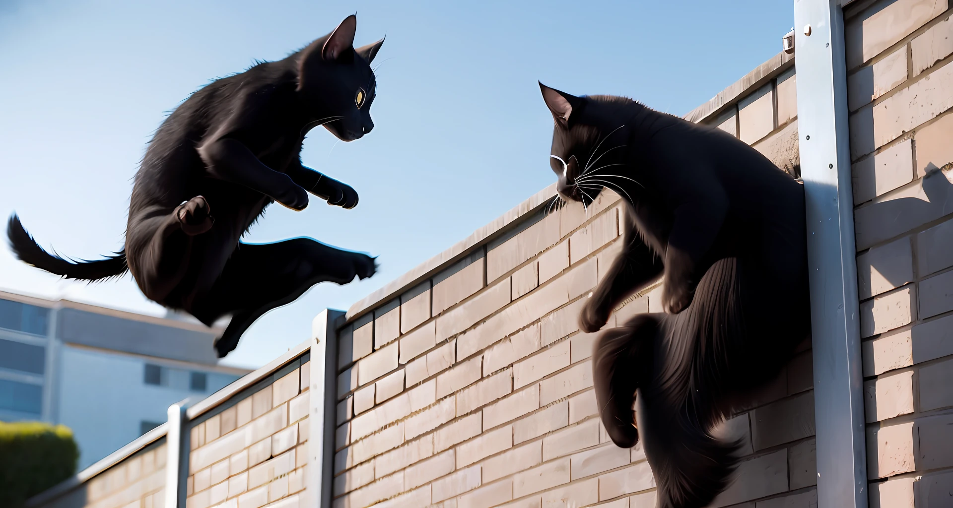 Realistic photo of black cat jumping the 4-meter wall