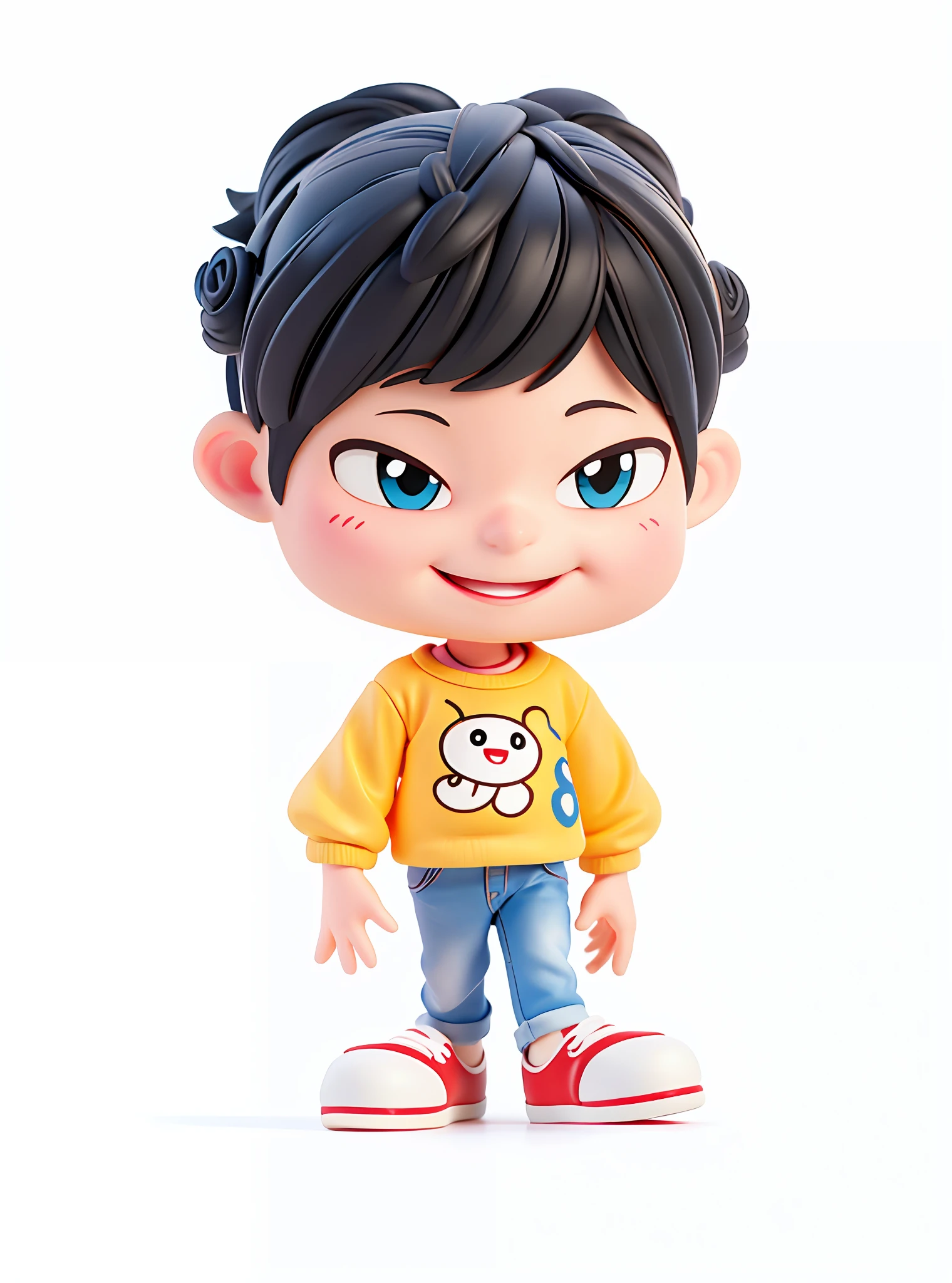 Cartoon boy with happy face and yellow shirt, square face contour, black hair, yellow top, blue pants, red shoes, cartoon art style, drawn with Photoshop, cartoon cute, cartoon characters, 3d illustration, blind box characters, single character full body, cartoon style, highly detailed characters, full body portrait of trousers, official fan art, characters are standing, cute cartoon characters, merged characters