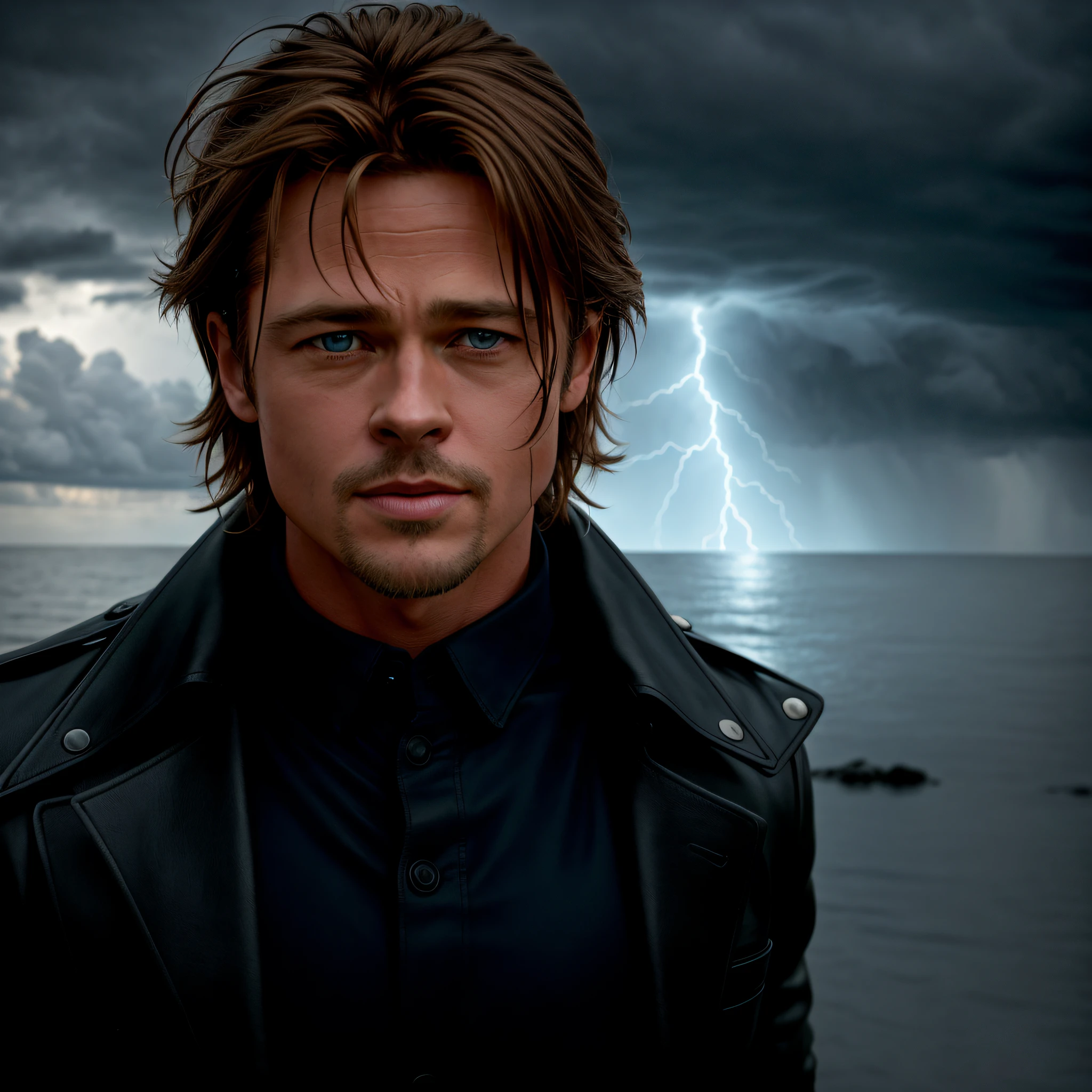 arafed image of a man in a leather jacket standing in front of a body of water, brad pitt portrait, portrait of brad pitt, fan art, brad pitt, the sea and storms behind him, chris hemsworth portrait, brad pitt is leon s. kennedy, realistic art, dark but detailed digital art, digital art. photo realistic, very realistic digital art