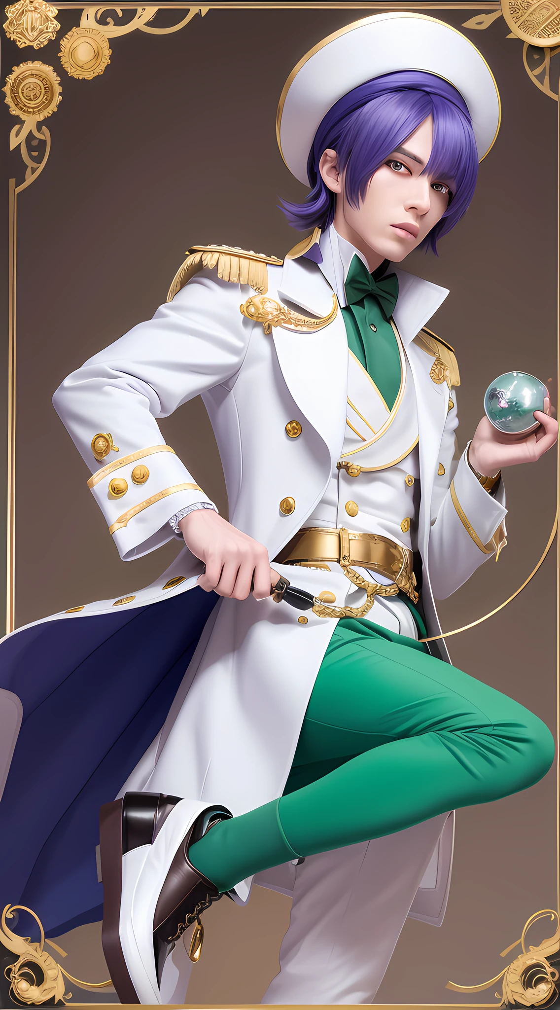 Blindt is a boy of average height with blue eyes and long eyelashes, and stylized violet hair in five conical rings. His costume is a late Baroque-style outfit, consisting of a moss-colored frock coat with pearl embroidery, a white cravat with a red brooch, a bright green justacorps with edges and golden sleeve frame, a coordinated green top hat, brown pants, white socks, white heeled shoes with gold buckles and white gloves, using his beyblade.