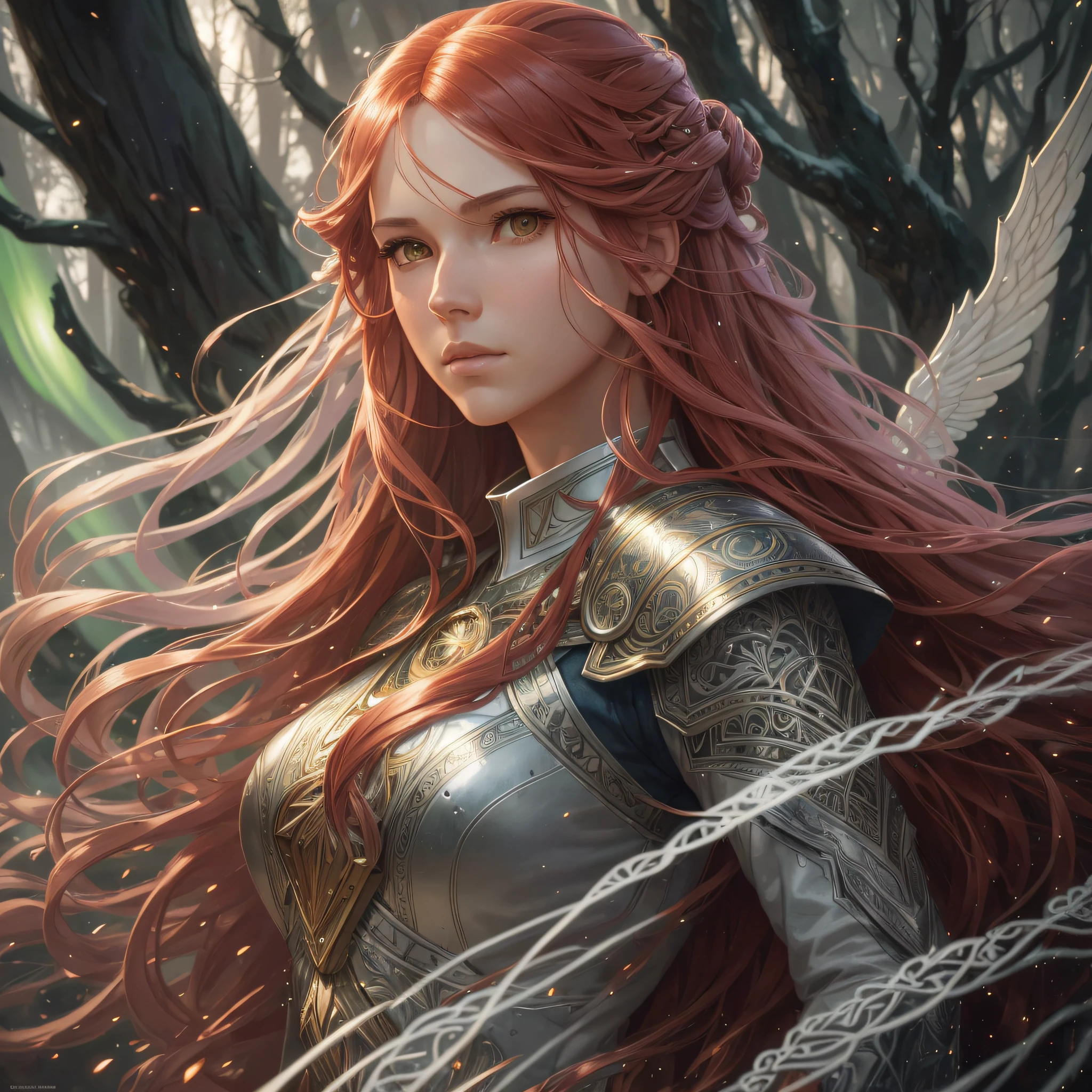 (atmosphere with light and a tree behind)+ 8k aurora portrait, girl with super long hair, super long very light red hair, in battle clothes, with giant silver wings on the back, intricate, highly detailed, digital painting, smooth, sharp focus, illustration, unreal engine 5, 8 k, art by Artgerm and Greg Rutkowski and Alphonse Mucha