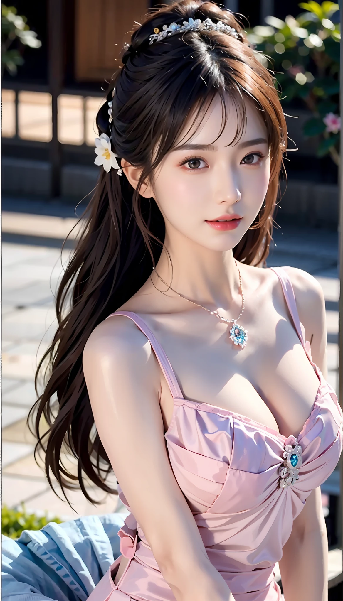 Full body close-up of a woman in trendy fashion, gorgeous young korean woman, street, wearing trendy fashion, fashion show, formal wear, rich expression, ambiguous, seductive, beautiful korean woman, korean girl, beautiful korean young woman, beautiful asian girl, pop fashion, korean woman, lazy, asian girl, beautiful asian woman, good young girl, blazing sun, top, hair accessories, necklace, jewelry, attractive girl, (hairstyle casual, no leakage big breasts: 1.3), perfect body, perfectly proportioned, S-shaped figure, double eyelids, big eyes, pink lips, dimples, shiny skin, sweat, huge buttocks, dynamic posture, from the front