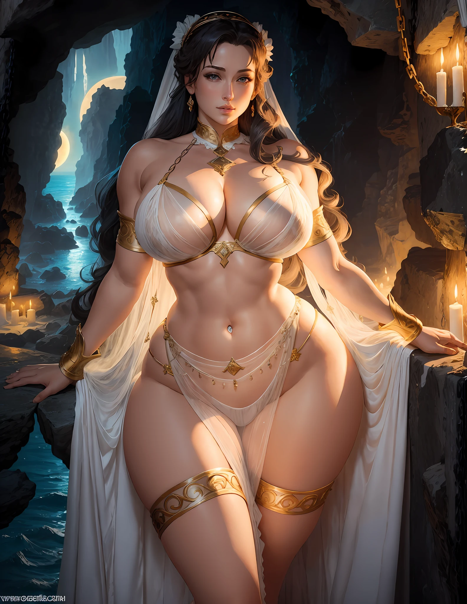 Masterpiece, Best Quality, (Perfect Face:1.1) , (High Detail:1.1), Hera, Goddess of Motherhood and Chastity, Bathing Scene, Dramatic, Female Triplets, Breasts, White Hair, Gray Hair, Blue Eyes, Cleavage, Long Hair, Curvaceous, Big, Moon, See-through, Night, Dress, Thighs, Navel, White Dress, Thonged Choker, Bare Shoulders, Wide Hips, Thick Thighs, Lips, Covered, Laced Robes, pelvic curtains, laced pelvic curtains, toned pelvis, toned hips, milky hips, navel piercings, body piercings, huge chest, muscles, large biceps, thigh muscles, bruised knees, knee-down shorts, garter belt, white heels, white sandals, body piercings, chun-li thighs, neck chains, chains wrapped around the body, castle, detailed background of rocky areas in the Aegean Sea, Art, film lighting by Artgerm and Greg Rutkowski