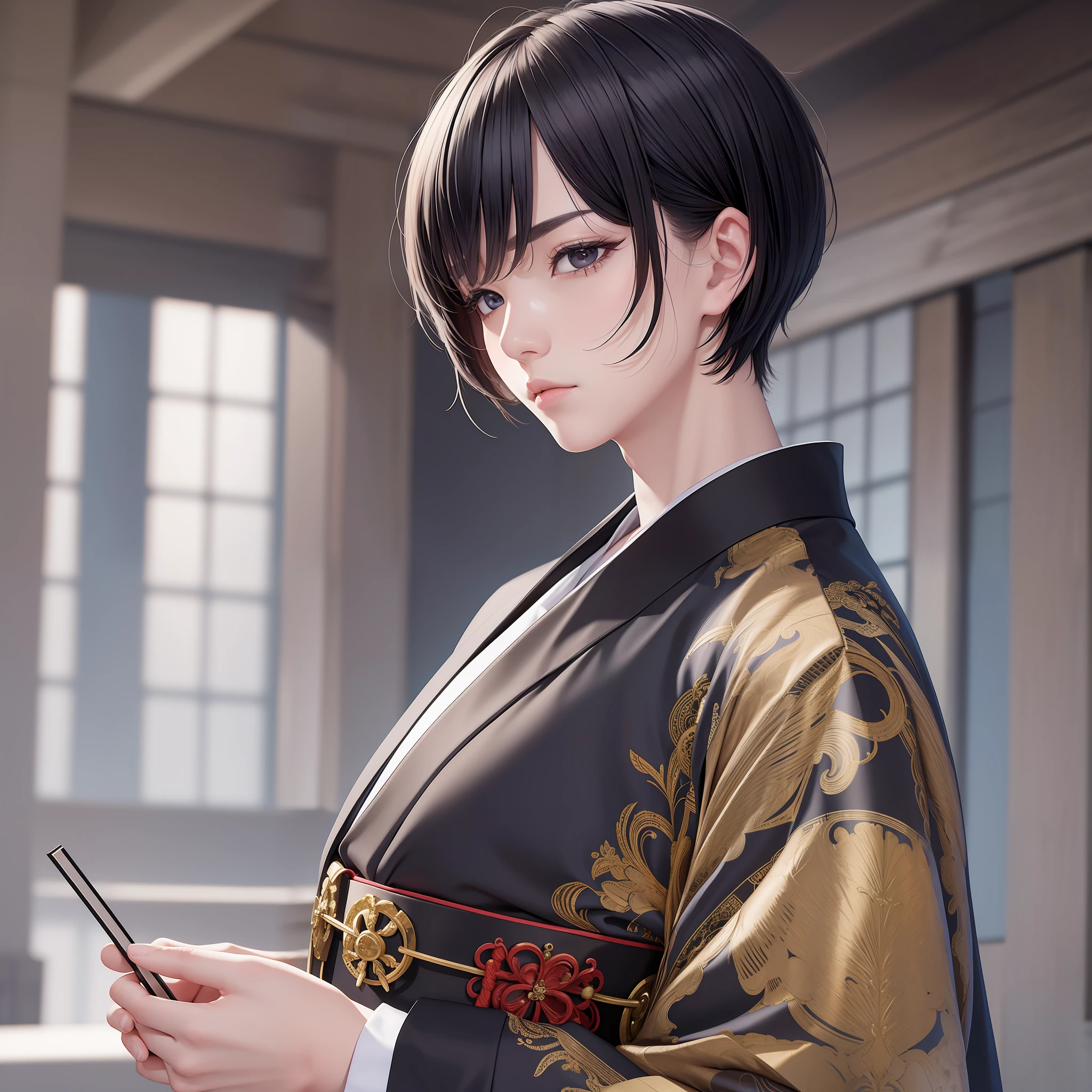 (Masterpiece) 8K resolution, handsome young priest performing Shinto rituals, black short bob hair, hazel eyes, black eyes, serious face, kimono, fantasy style,