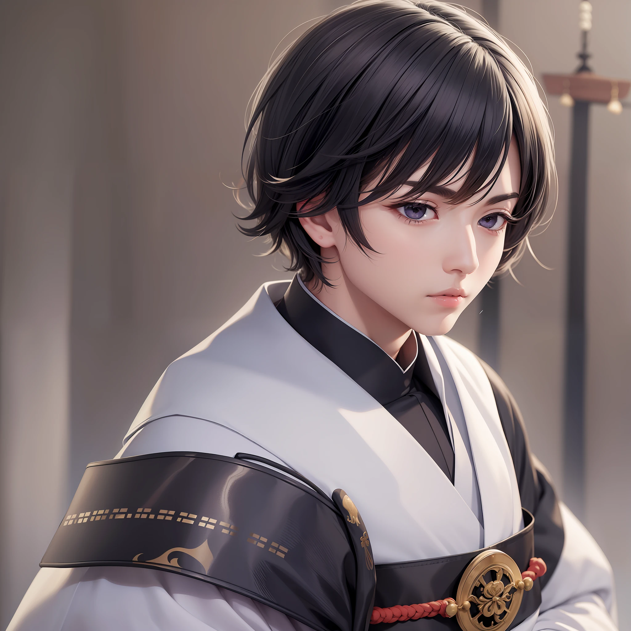 (Masterpiece) 8K resolution, handsome young priest performing Shinto rituals, black short bob hair, hazel eyes, black eyes, serious face, kimono, fantasy style,