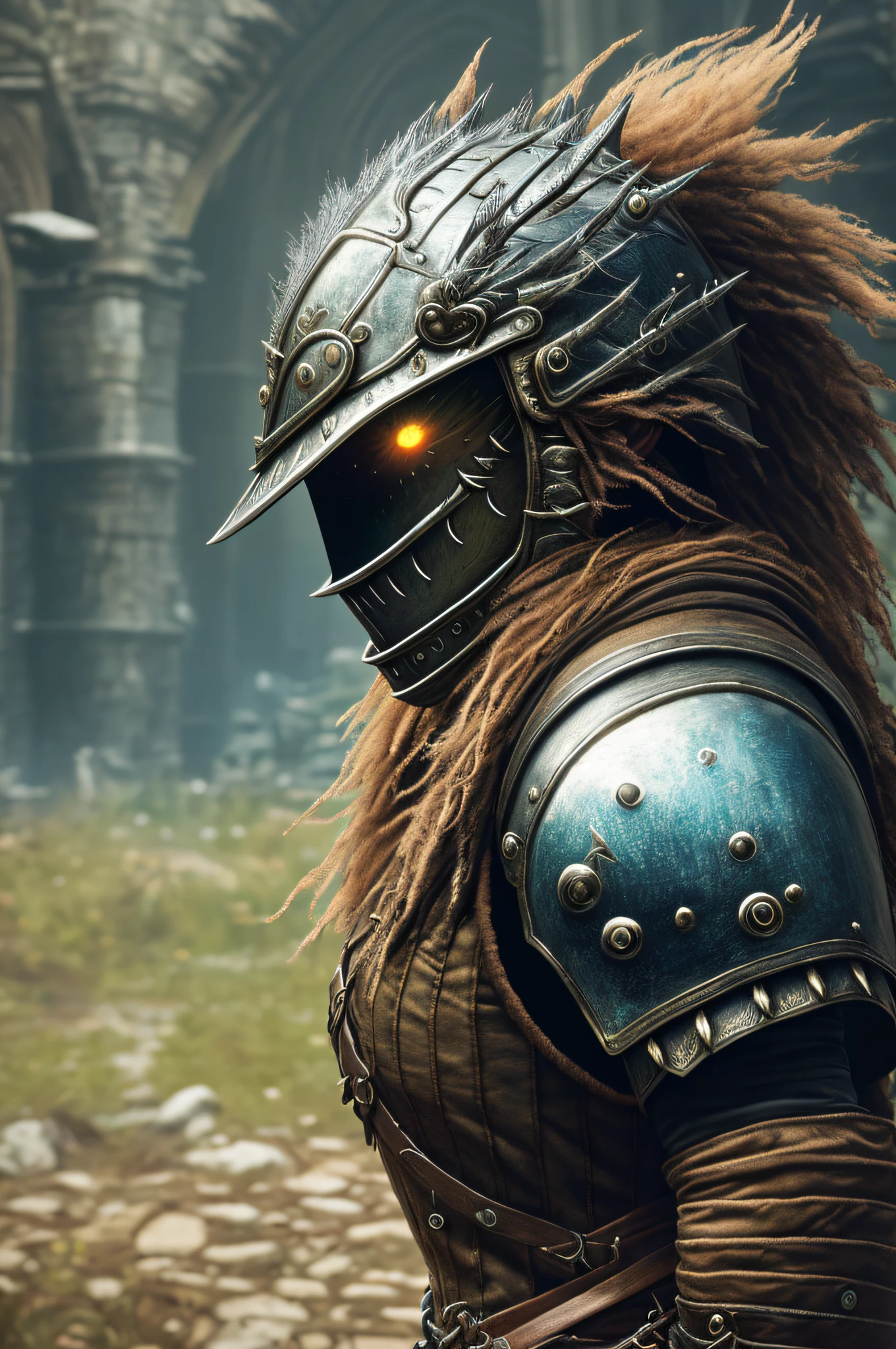 (photo, realistic), (soulsborne),
female, monster, warrior, (detailed skin texture:1.2), messy hair, glowing eyes,
warrior outfit, helmet,
high quality, film grain, depth of field,