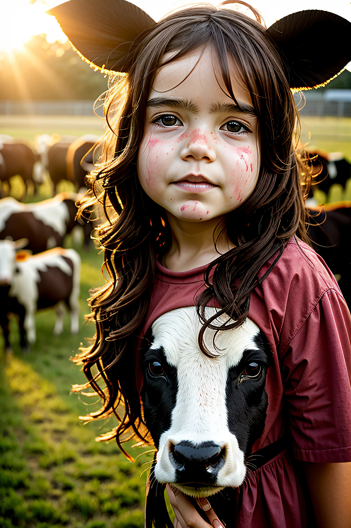 girl, texas, emotive, slaughterhouse, cattle, rosy, americana, closeup, drenched in sunlight and shadows pattern, morning dew, haze