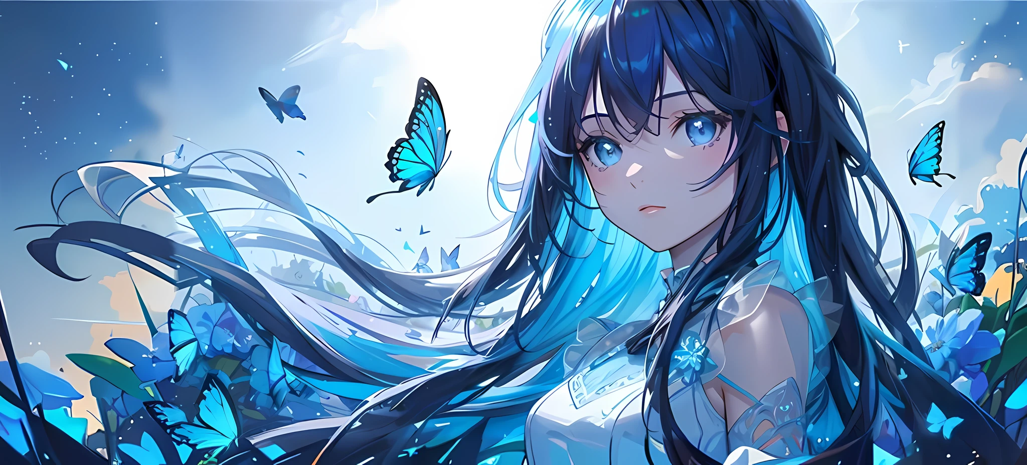 masterpiece, best quality, detailed eyes, vivid color, detailed skin, 1girl, short dress, see-through silhouette,
starry sky, field of flowers, butterflies,
((((((blue hue, rim lighting)))))),
