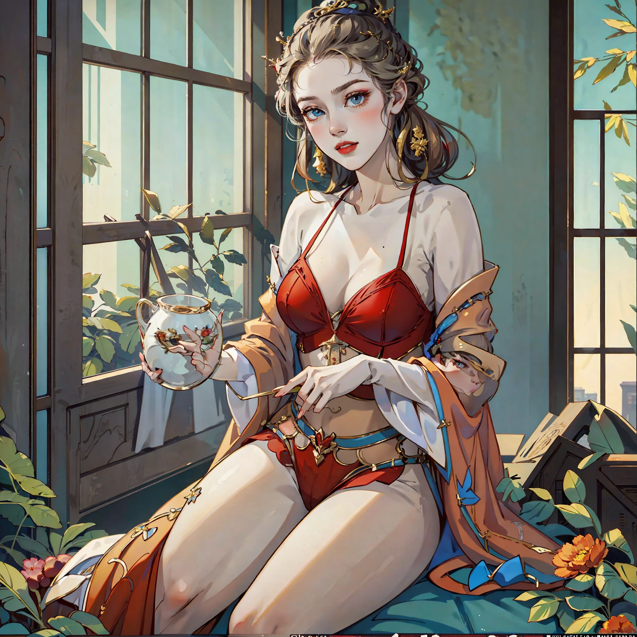 Young woman with light eyes, light hair, straight and long, sitting on a large bed, in red lingerie and drinking tea in a red cup, open window and natural light, best quality, 8k --auto --s2