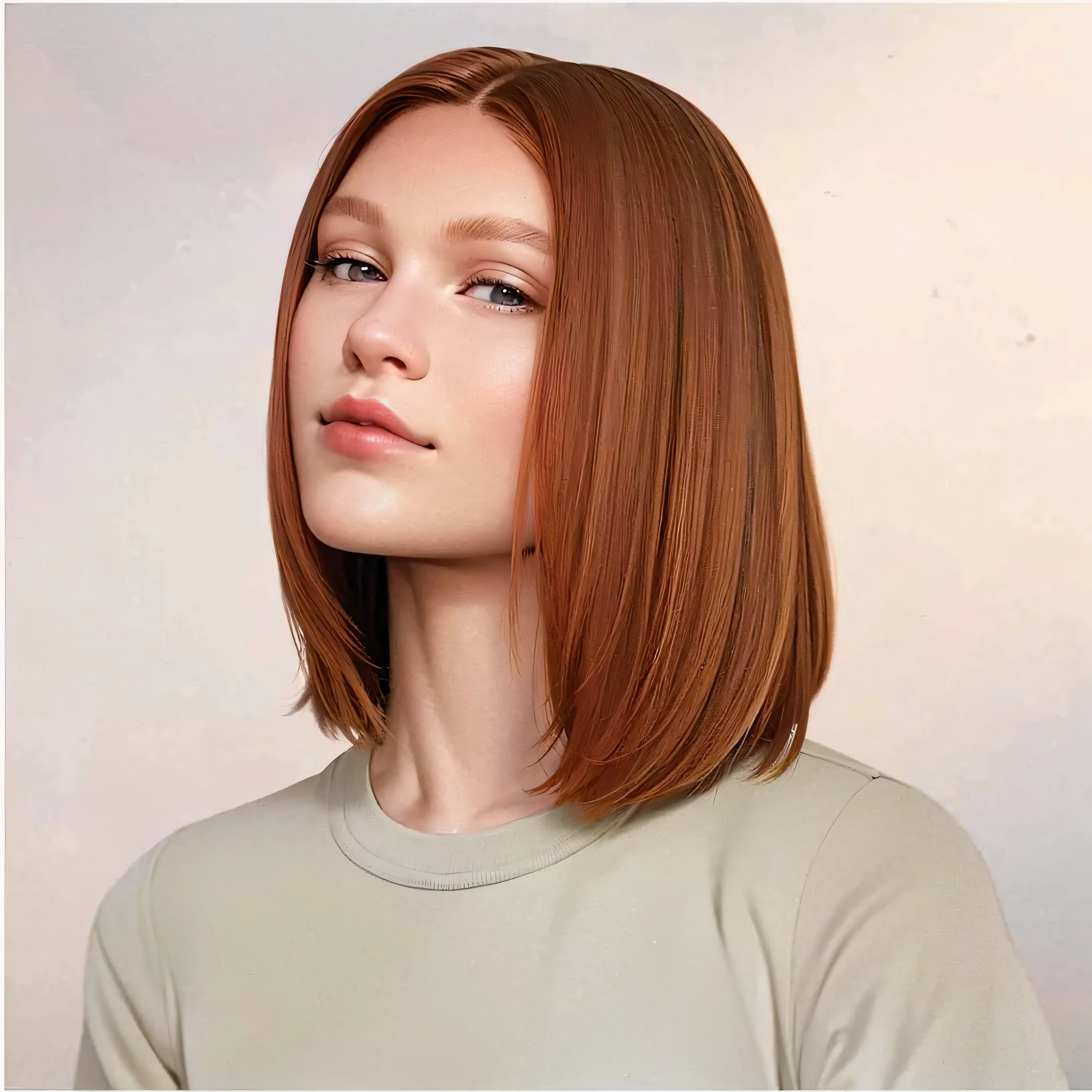 a close up of a woman with a short red hair, chin-length hair, red hair and attractive features, straight hairstyle, hair dyed to a hazelnut brown, long bob cut, chestnut hair, bob cut, copper short hair, short copper hair, copper hair, soft red hair, bob cut hair, head and shoulders photography, medium long bob