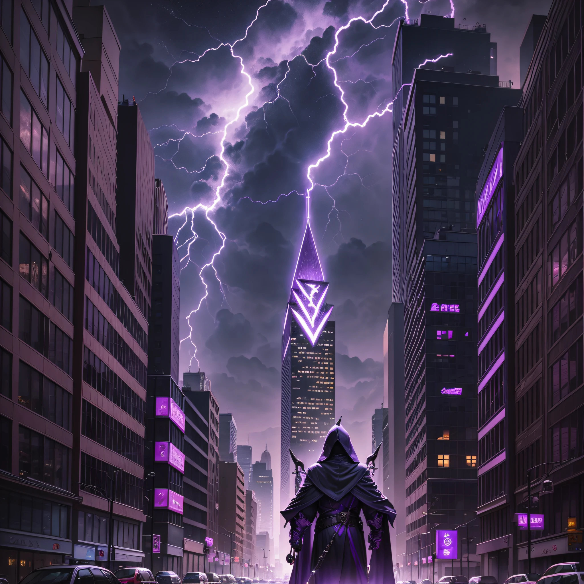 purple rays falling on a dark city with tall buildings. In the center of the street is a hooded man carrying a shiny staff, his smile is frightening, better quality, detailed, dark, pole lights and lightning --auto --s2