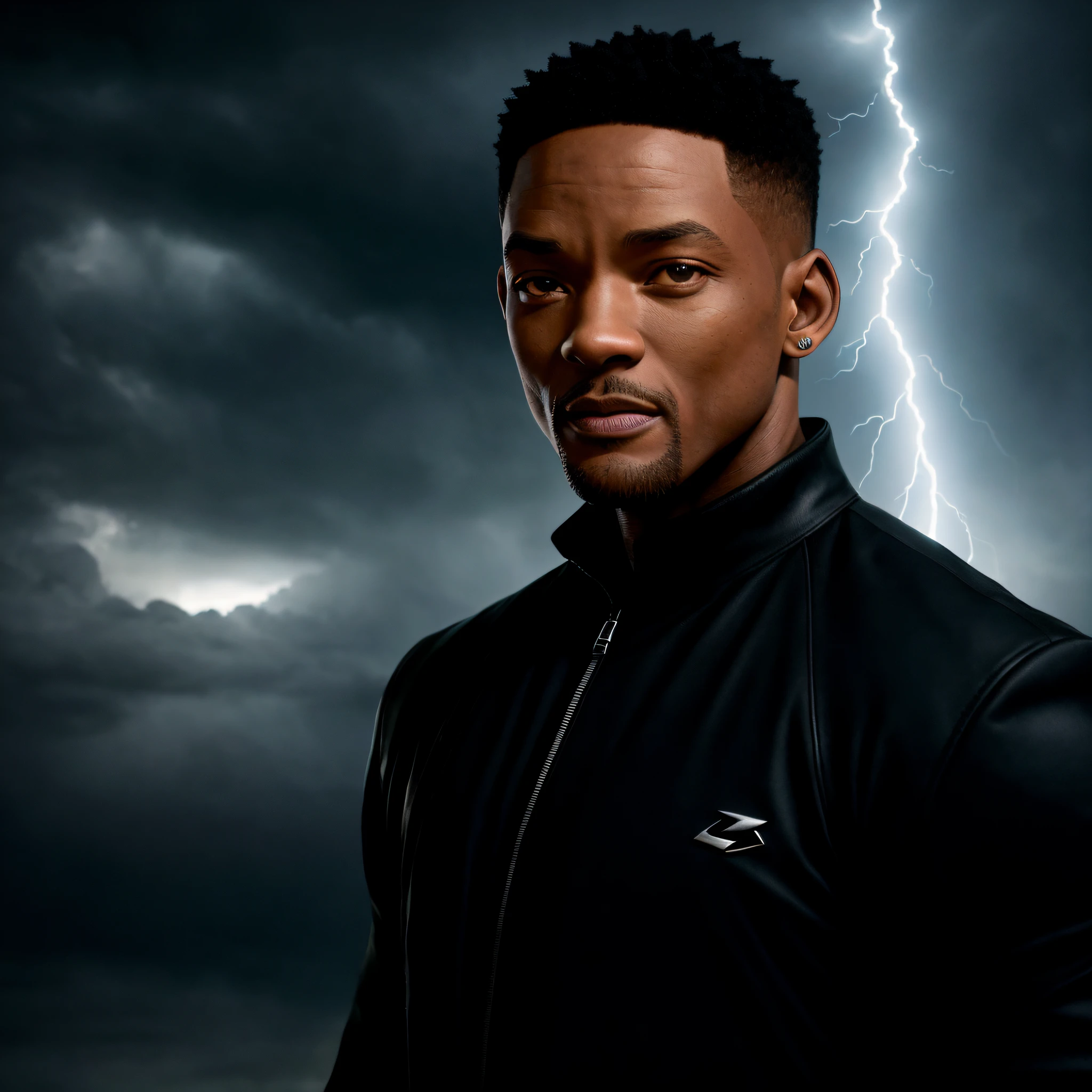 arafed image of a man in a black jacket with lightning in the background, will smith portrait, will smith, fan art, promotional image, portrait shot, hyper realistic”, hyper realistic ”, official product photo, black lightning, wakanda, will smith anime style, promotional still, closeup portrait shot, promo image, will smith as neo in the matrix, promotional images