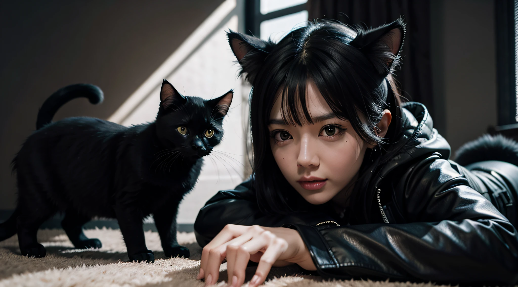 (black cat:1.2, ultra realistic industrial photo:1.3, mega realistic:1.3, real photo:1.2, cg:1.1, 16k:1.1),real life, very detailed:1.2, pet cat, black eyes, white marks around the eyes, shiny black hair:1.3, (industrial environment:0.5+abstract black and white background:0.8), soft lighting, cat focus, tight cropping, (mod_lego:0.5+mod_fantasy:0.4+mod_cute:0.3).