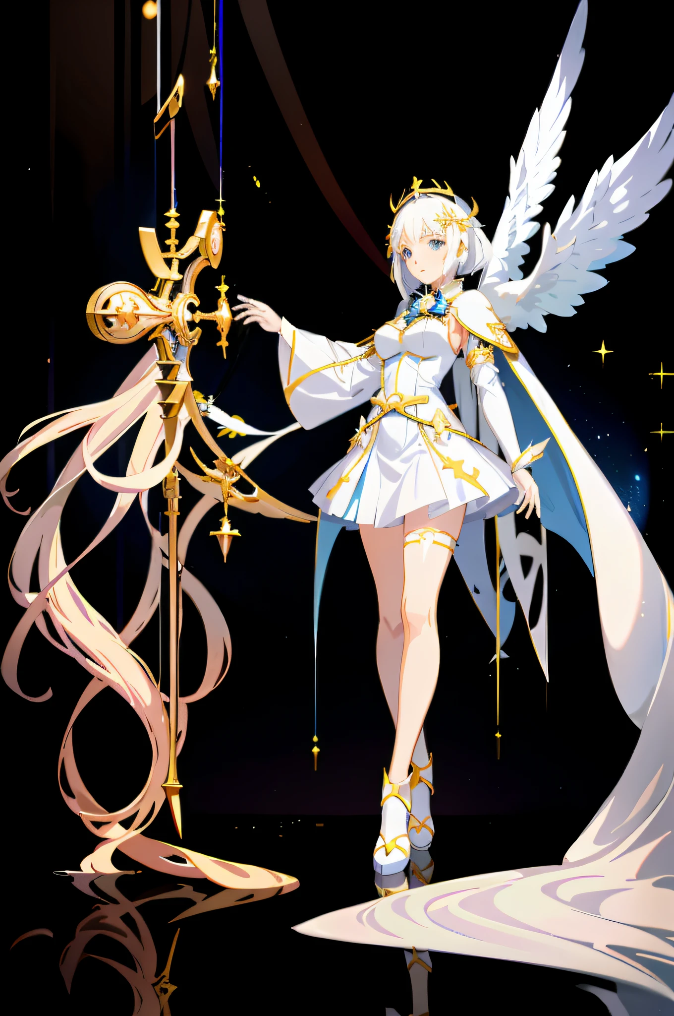 anime girl with a sword and wings standing in front of a black background, anime goddess, angel knight girl, full - body majestic angel, knights of zodiac girl, white haired deity, cushart krenz key art feminine, beautiful celestial mage, tall female angel, key anime art, anime girl with a bow and arrow, detailed key anime art, angelic golden armor