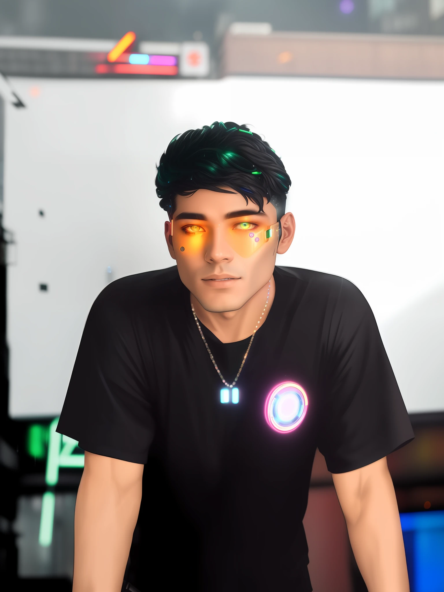 An award winning master piece photo of a cyborg man with psychedelic colors standing in a city street at night in the rain, wearing neon-colored glowing goggles, 8k, (high quality:1.1), (cinematic feeling:1.1), dark deep shadows, incredibly intricate detailing, art , (up close:1.1), from above, looking at viewer, (light sparkles:1.1), (chromatic aberration,:1.2) background with floating light artifacts
