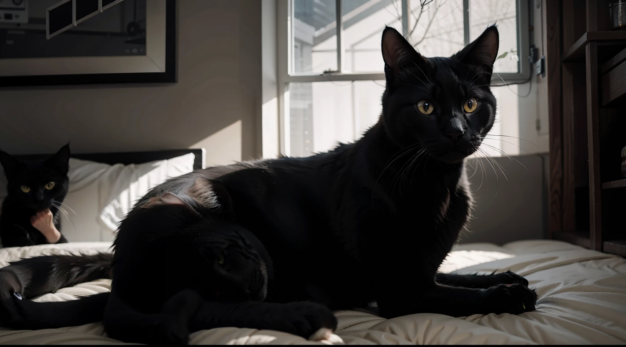 (black cat:1.2, ultra realistic industrial photo:1.3, mega realistic:1.3, real photo:1.2, cg:1.1, 16k:1.1),real life, very detailed:1.2, pet cat, black eyes, white marks around the eyes, shiny black hair:1.3, (industrial environment:0.5+abstract black and white background:0.8), soft lighting, cat focus, tight cropping, (mod_lego:0.5+mod_fantasy:0.4+mod_cute:0.3).
