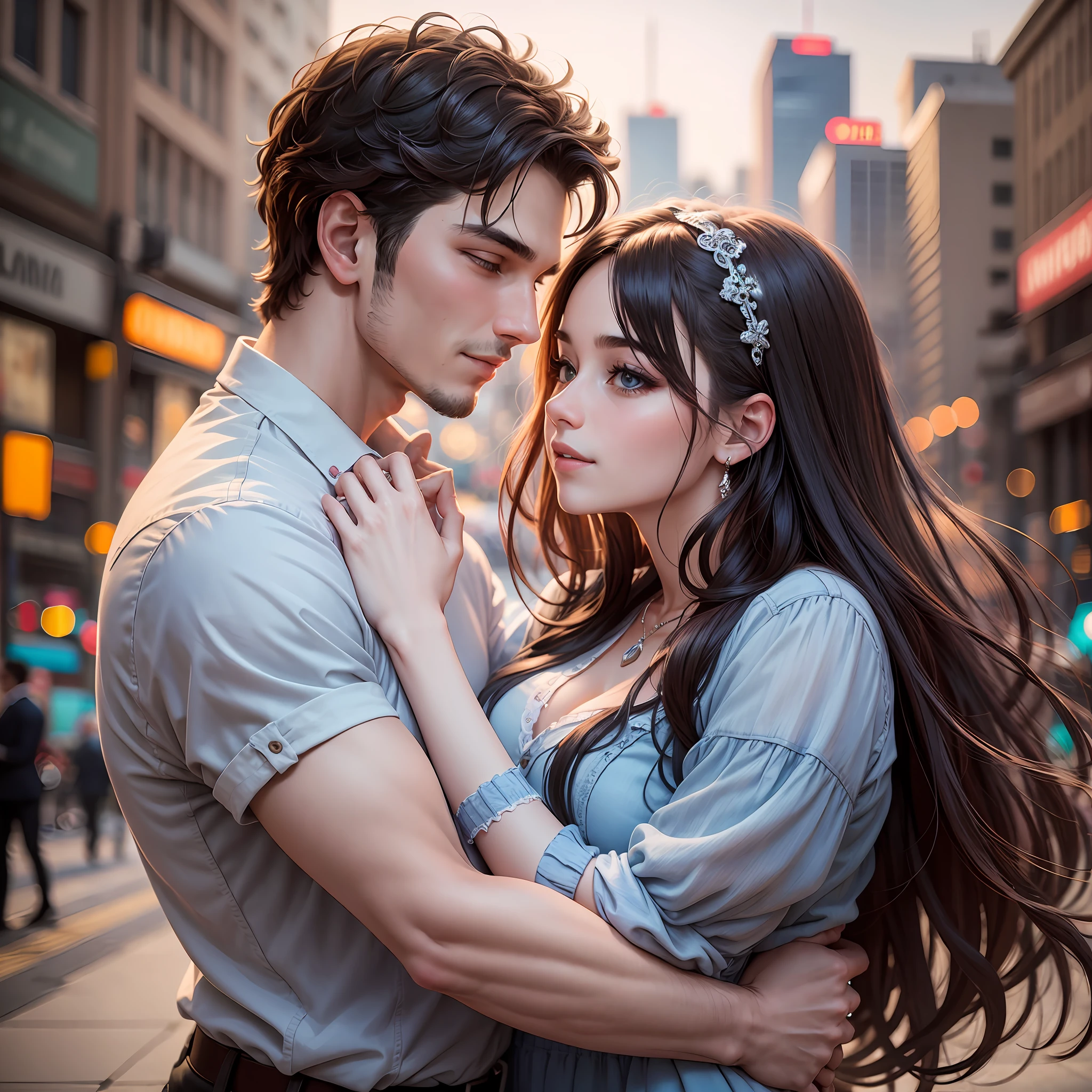 Couple portrait, (man and woman:1. 3) a woman hugging a man in a city, lovely couple, stock photo, couple pose, attractive photo, beautiful portrait photo, photo of a beautiful photo, very beautiful, stock image, romantic couple, man and woman in love, museum quality photo, marketing photo, portrait photo up close,  wedding photo, portrait of couples --auto --s2