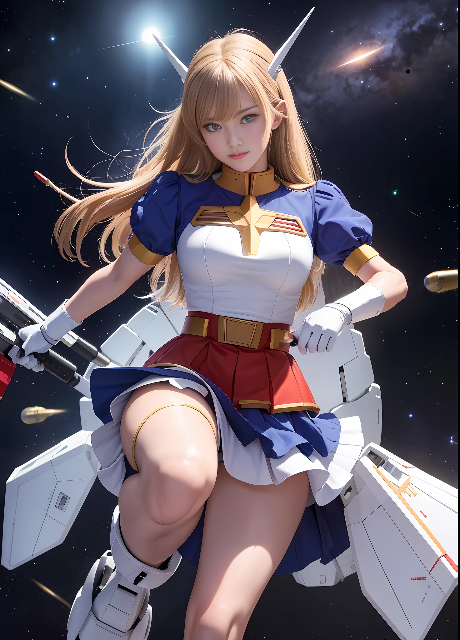 (top quality), (masterpiece), nsfw, personification of Mobile Suit Gundam F91, great highlights of the upper body, powerful mecha, beautiful girl with a beam rifle, 19 years old, , beautiful eyes, modest nose, neatness, confident smile, medium hair, slightly drooping eyes, absolute area, moist wet and slightly thick thighs, full body, fighting pose, not wearing panties, short skirt, open legs, Outer space, scenes of fighting enemies,