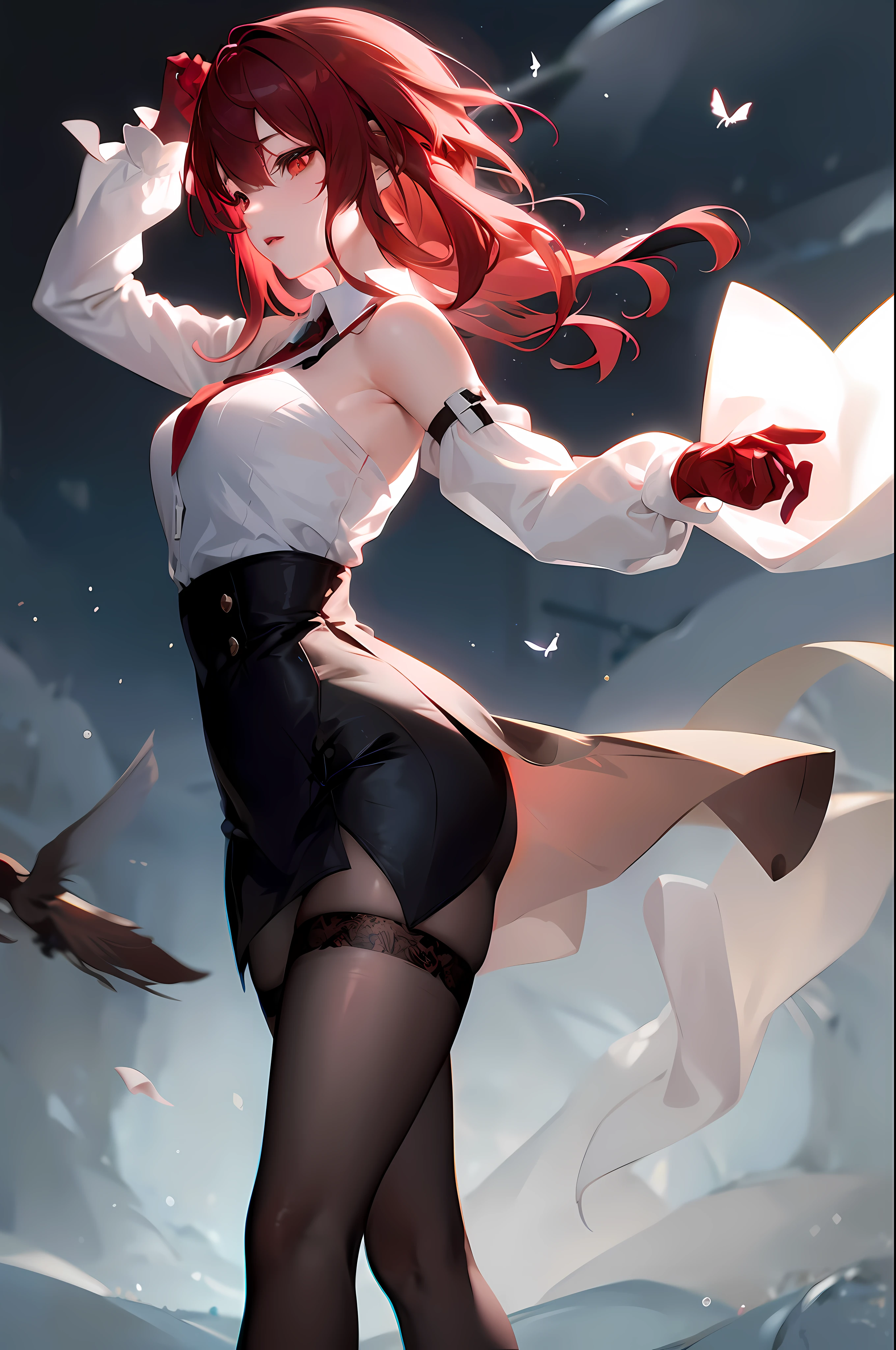 anime girl with red hair and black stockings holding a white paper, guweiz on pixiv artstation, by Yang J, guweiz on artstation pixiv, cushart krenz key art feminine, artwork in the style of guweiz, artgerm and atey ghailan, trending on artstation pixiv, trending on cgstation