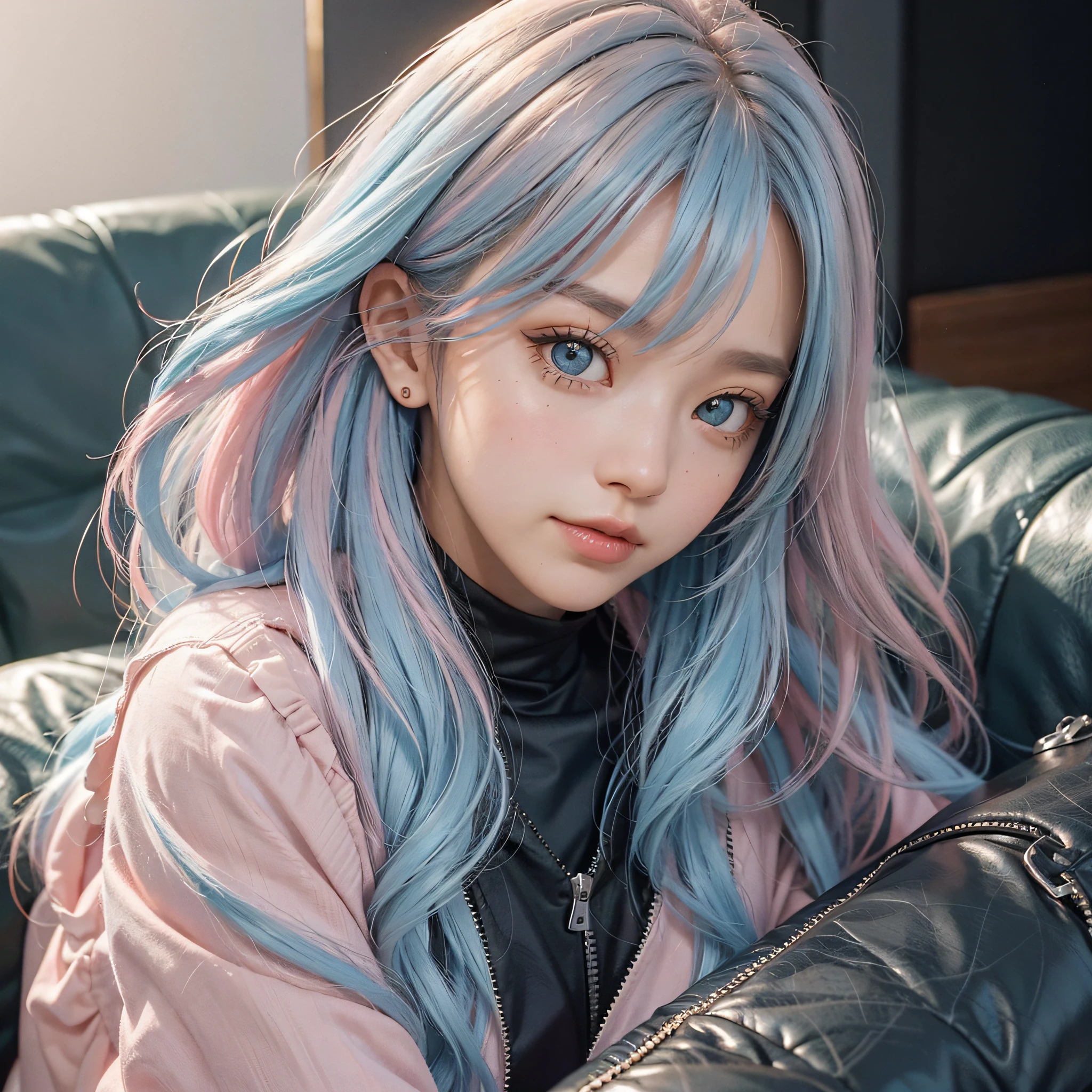 (1 beautiful girl: 2.0), (medium length hair), gradient hair, (brown hair: 1.2), (light blue hair: 1.0), (pink hair: 1.0), big eyes, shy annotation shot, japan, smile, interior, modern style, black and white style, sitting on black leather sofa, dark light background, dark, close-up, upper body, sony A7 III., ((best quality)), ((( (ultra-detailed))),realistic.