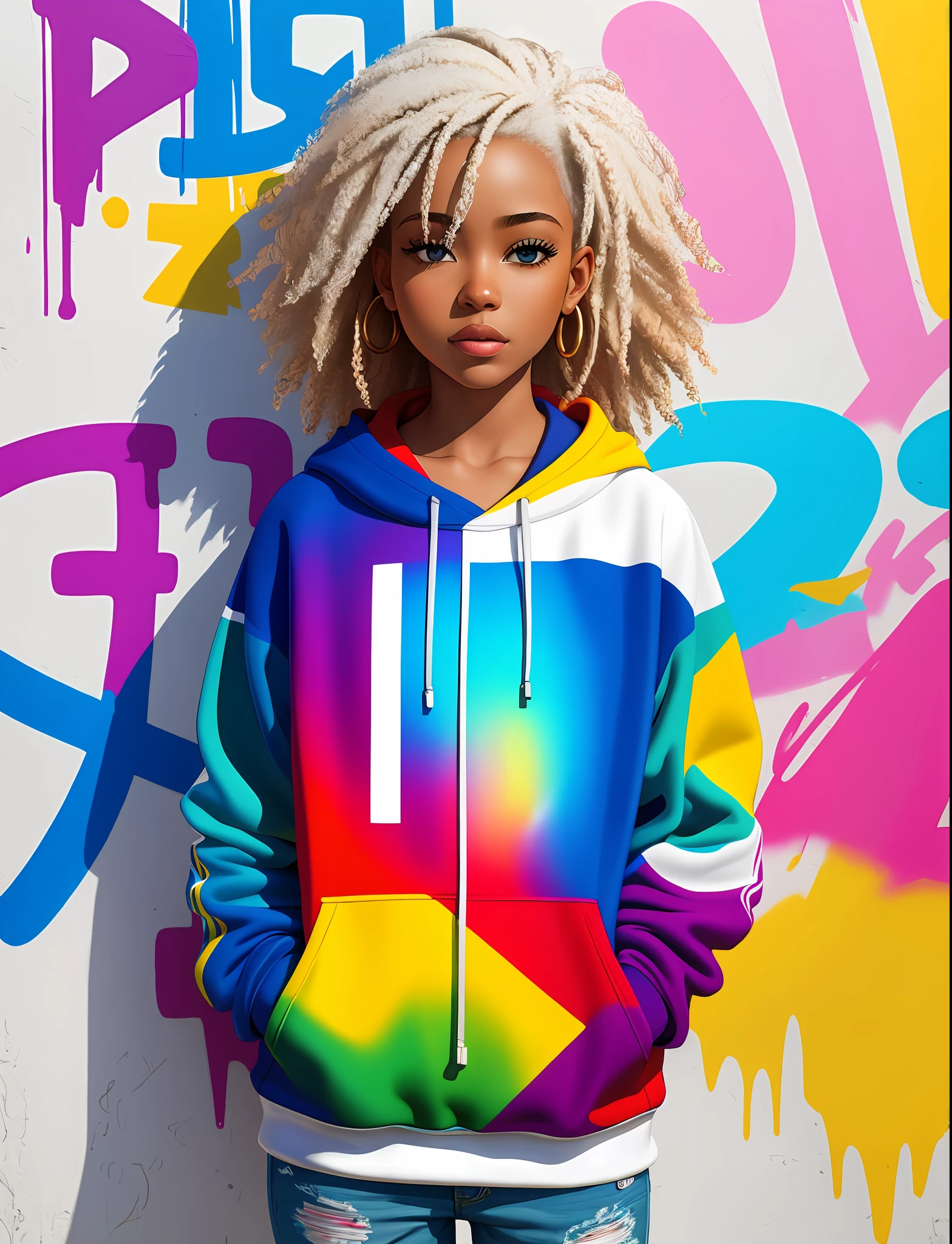 Graffiti painting, street art, 16k extremely detailed CG unit wallpaper, 16k landscape, artwork, masterpiece, best quality, amazing light brushstrokes, of a African American girl with platinum hair in graffiti style on a white wall with vibrant colors.