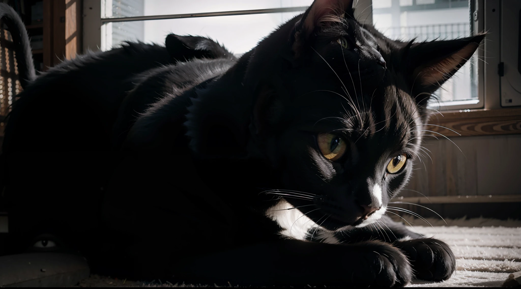(black cat:1.2, ultra realistic industrial photo:1.3, mega realistic:1.3, real photo:1.2, cg:1.1, 16k:1.1),real life, very detailed:1.2, pet cat, black eyes, white marks around the eyes, shiny black hair:1.3, (industrial environment:0.5+abstract black and white background:0.8), soft lighting, cat focus, tight cropping, (mod_lego:0.5+mod_fantasy:0.4+mod_cute:0.3).
